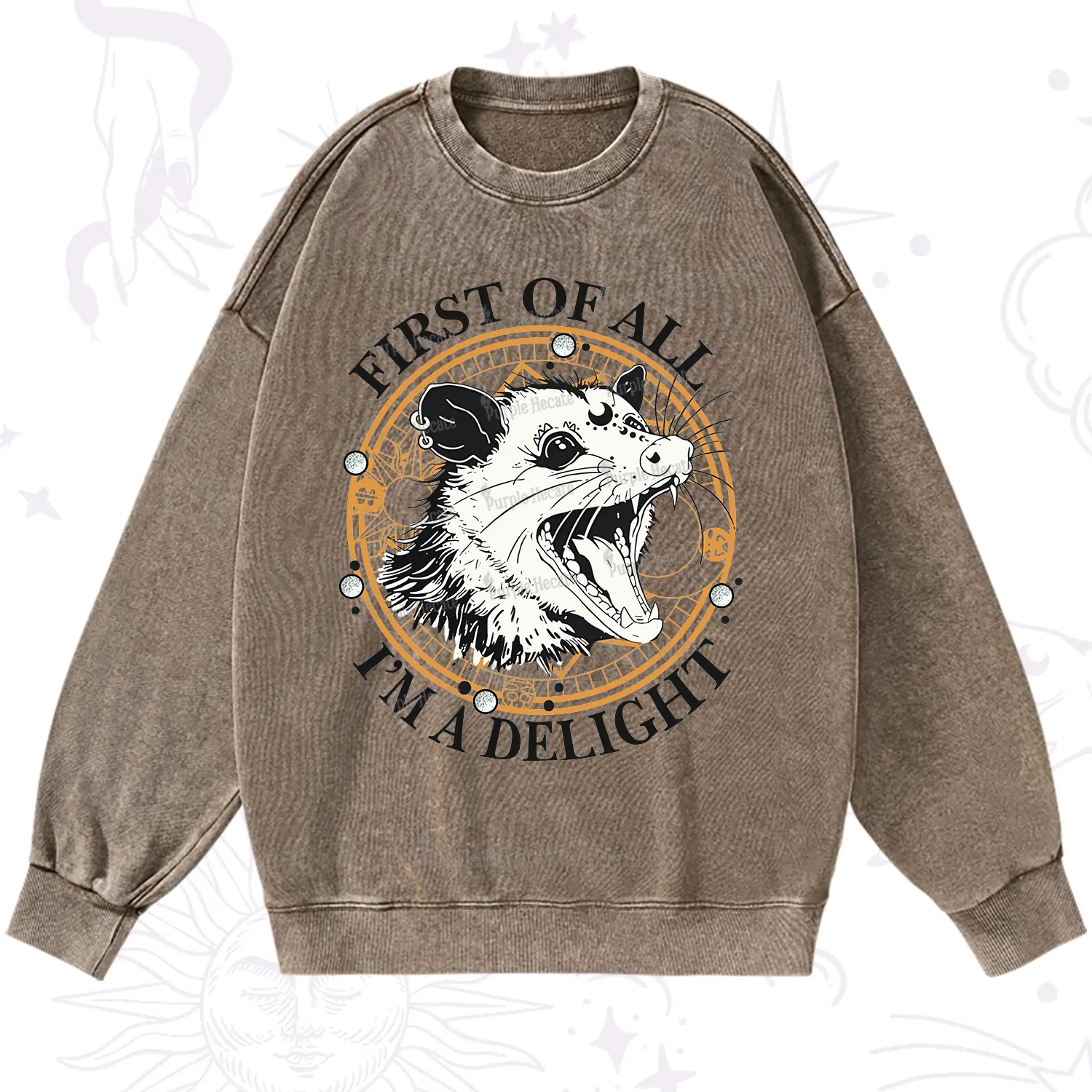 Purplehecate First Of All I Am A Delightful Angry Opossum Washed Sweatshirt