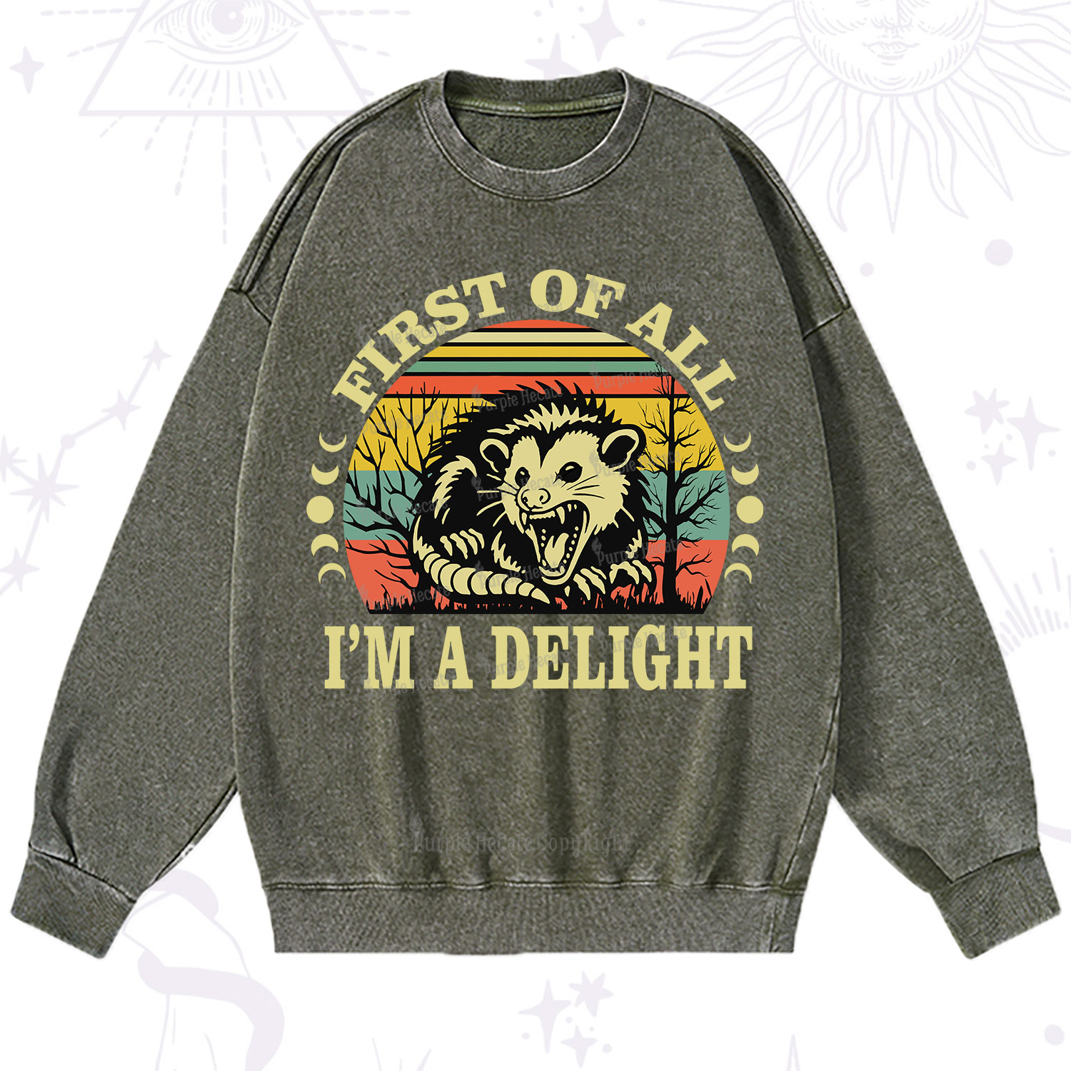 Purplehecate First Of All I'm A Delightful Opossum Washed Sweatshirt