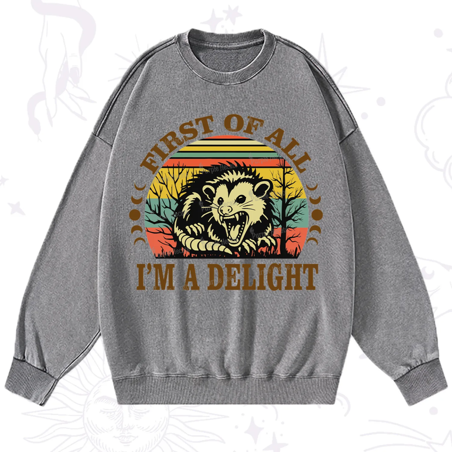 Purplehecate First Of All I'm A Delightful Opossum Washed Sweatshirt