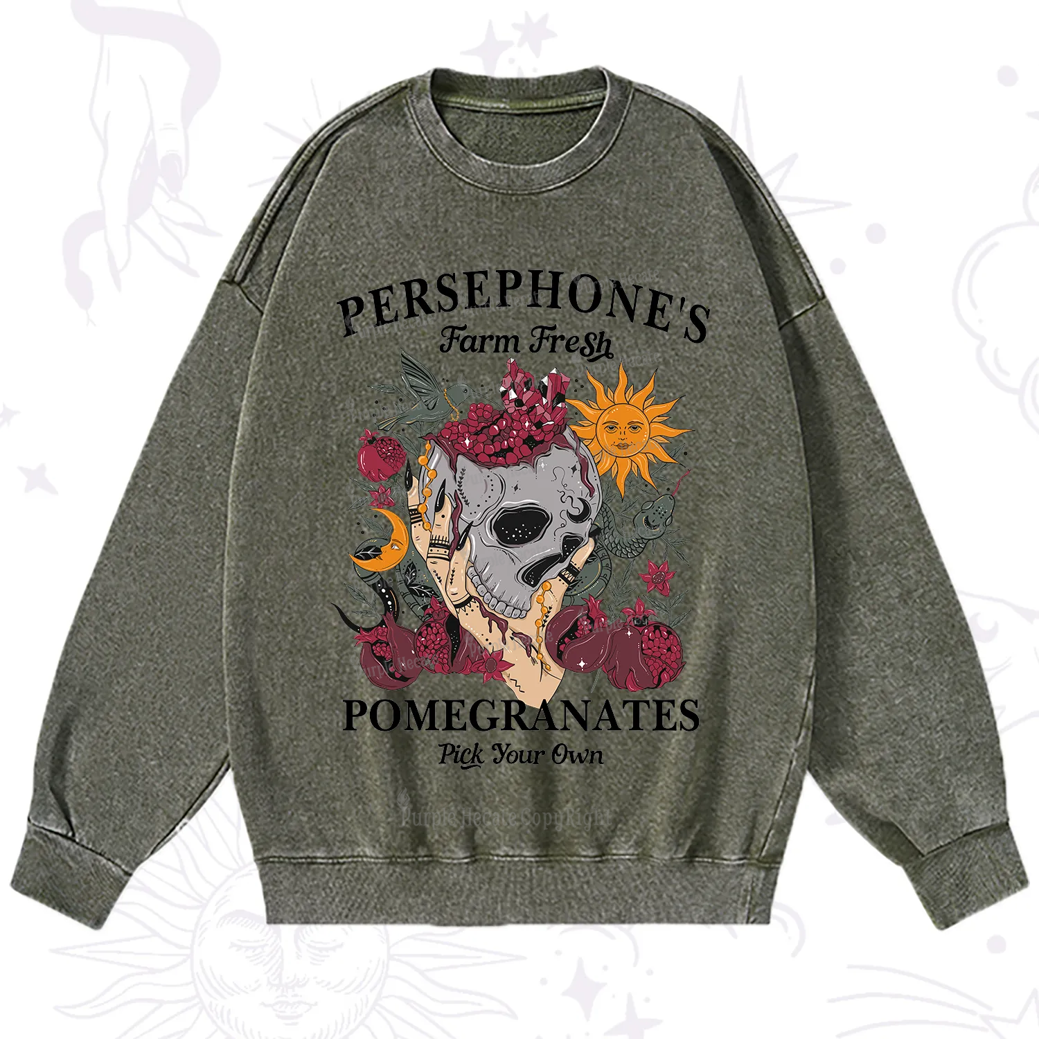 Purplehecate Persephone's Farm Fresh Pomegranates Pick Your Own Washed Sweatshirt