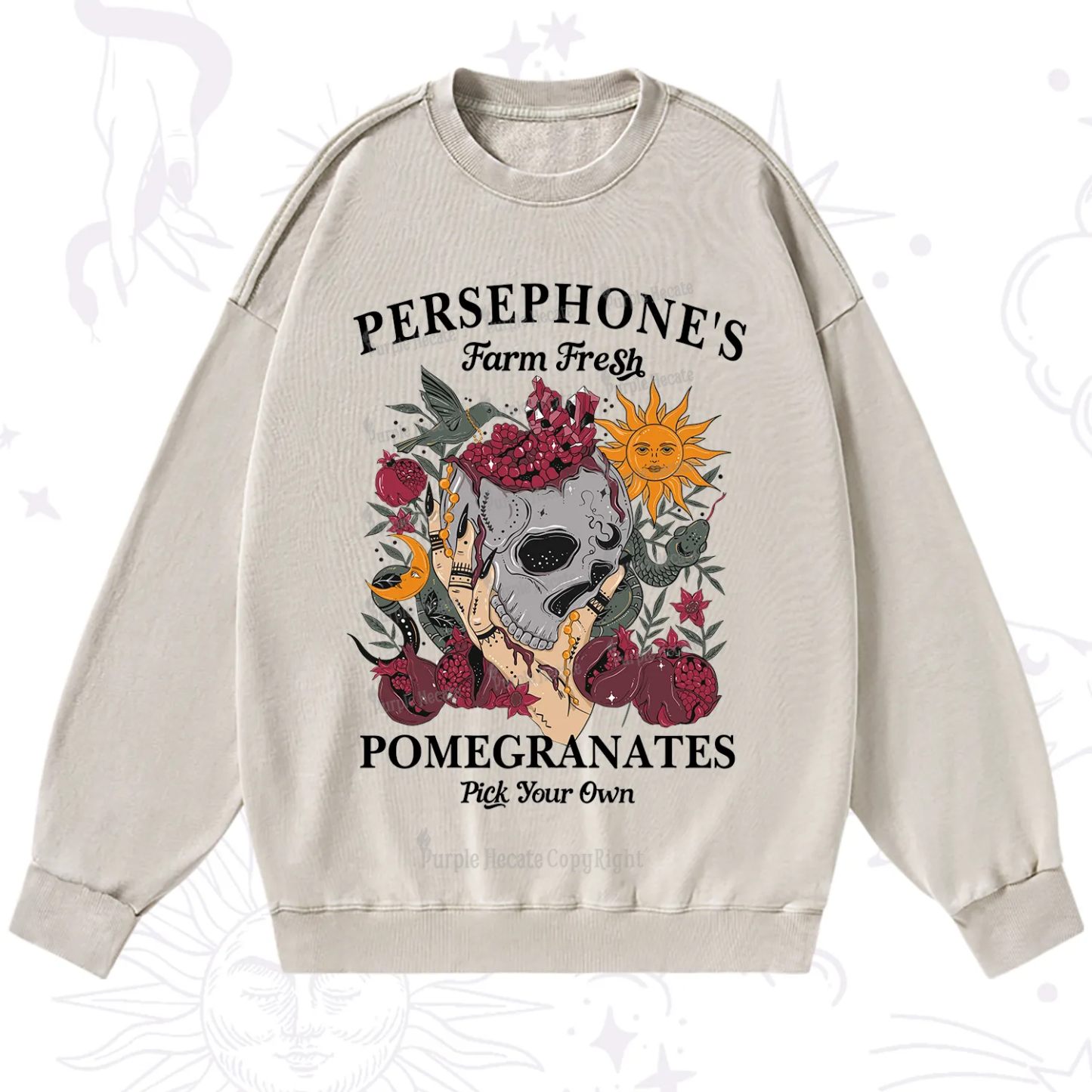Purplehecate Persephone's Farm Fresh Pomegranates Pick Your Own Washed Sweatshirt