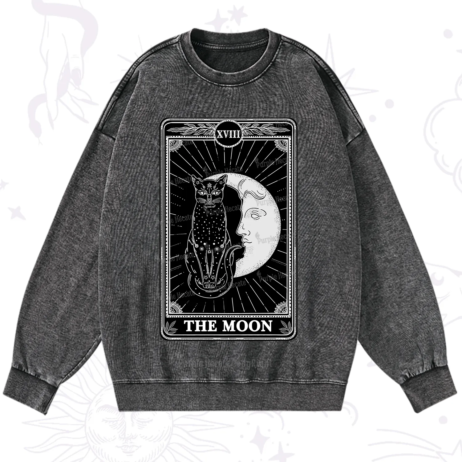 Purplehecate The Moon Tarot Card Washed Sweatshirt