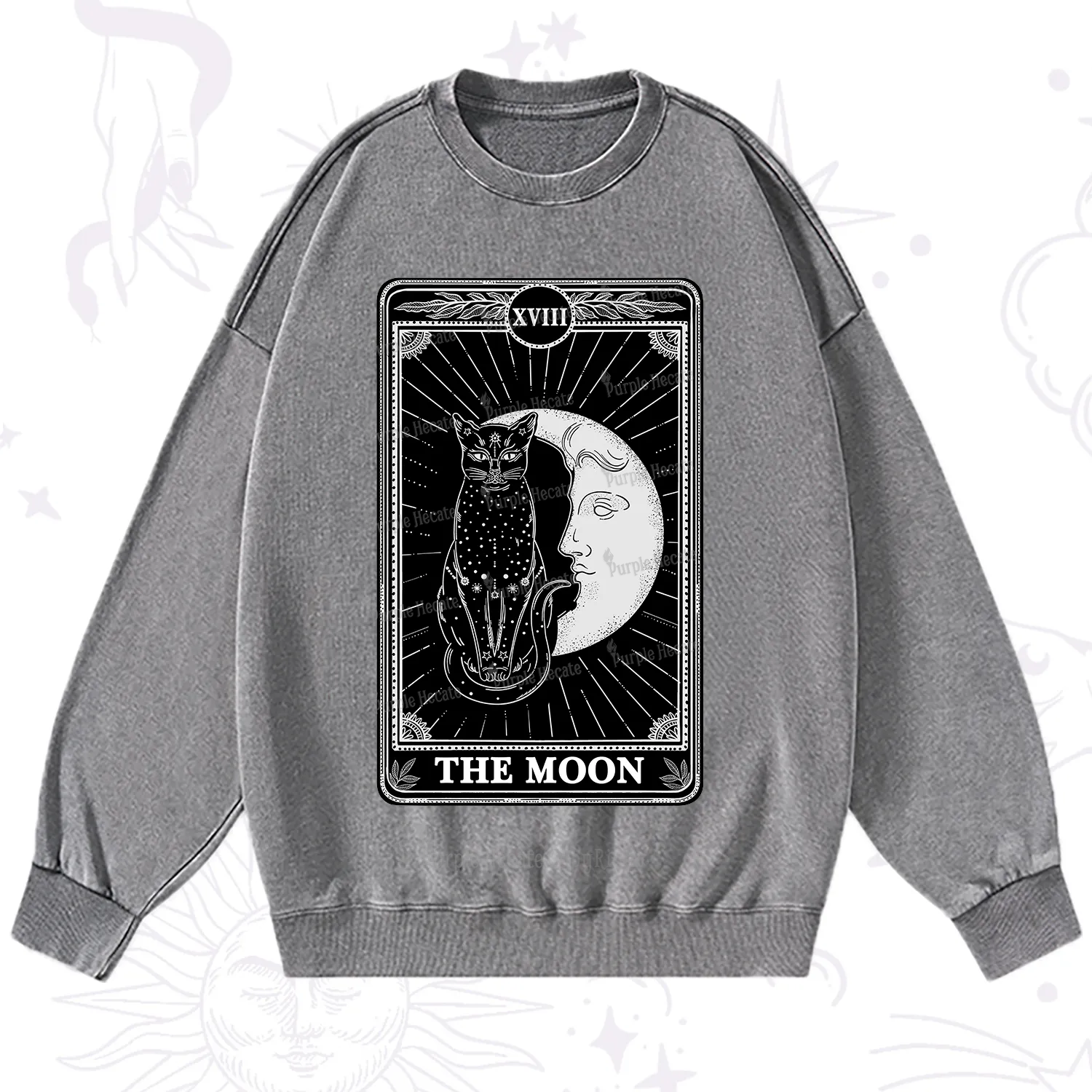 Purplehecate The Moon Tarot Card Washed Sweatshirt