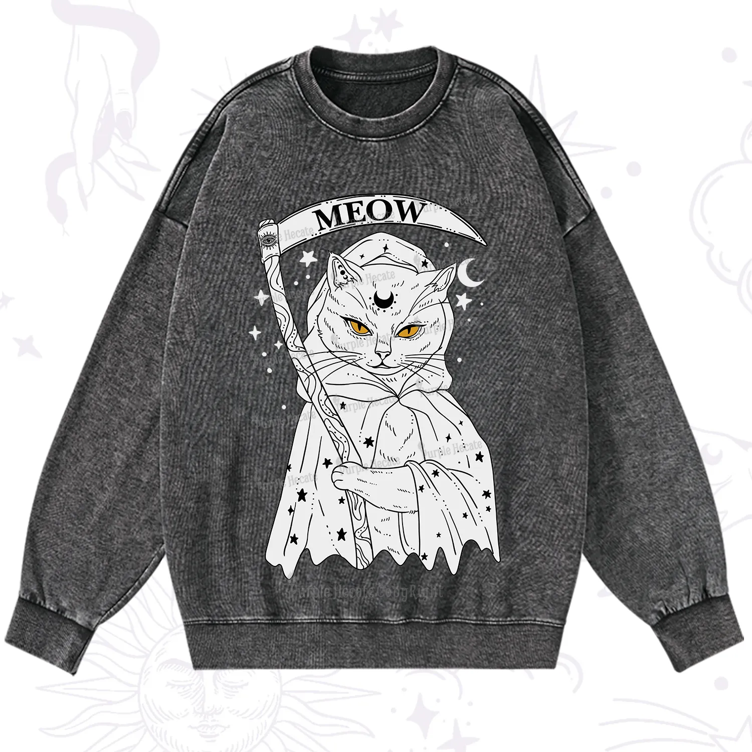 Purplehecate Grim Meow Reaper Washed Sweatshirt