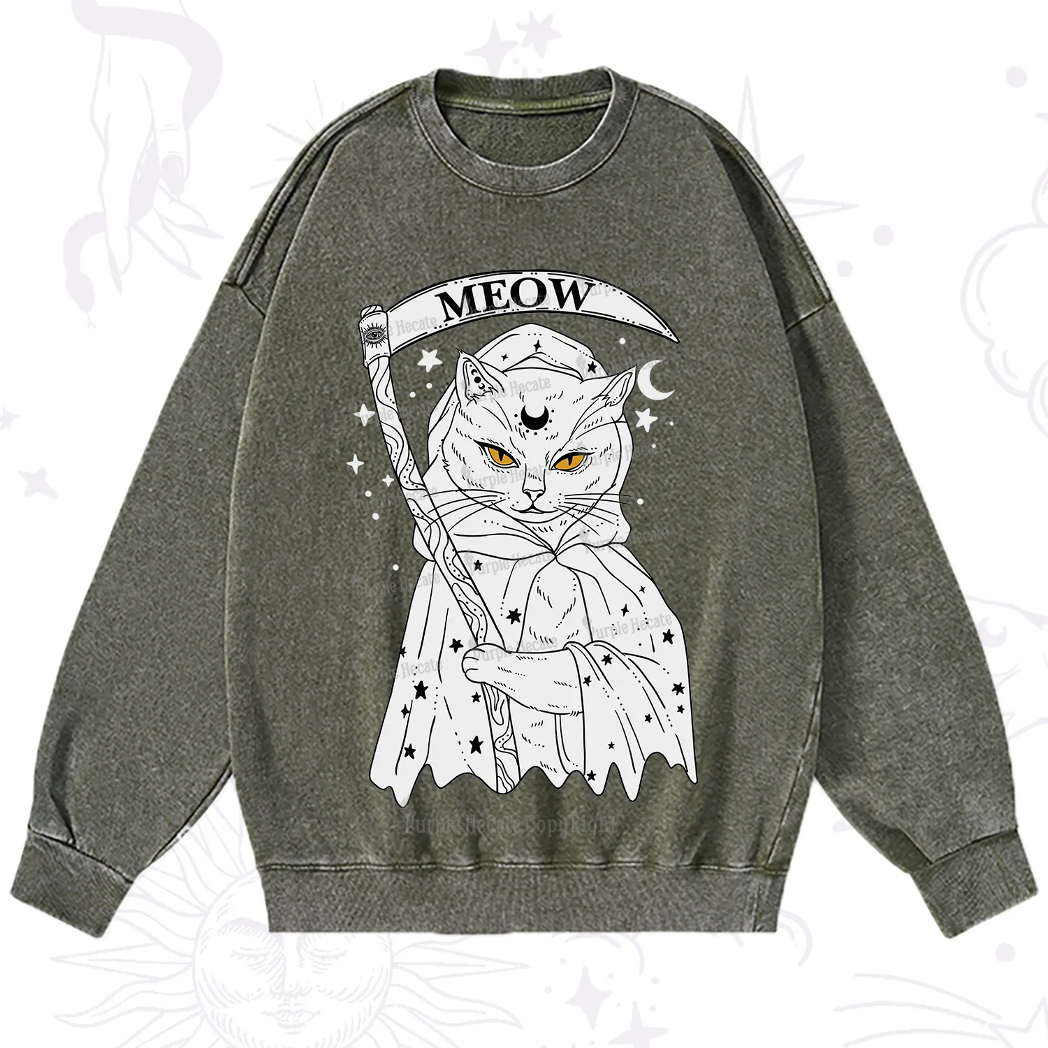 Purplehecate Grim Meow Reaper Washed Sweatshirt