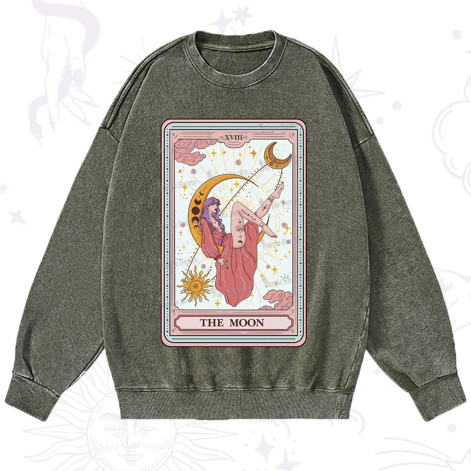 Purplehecate The Moon Tarot Washed Sweatshirt