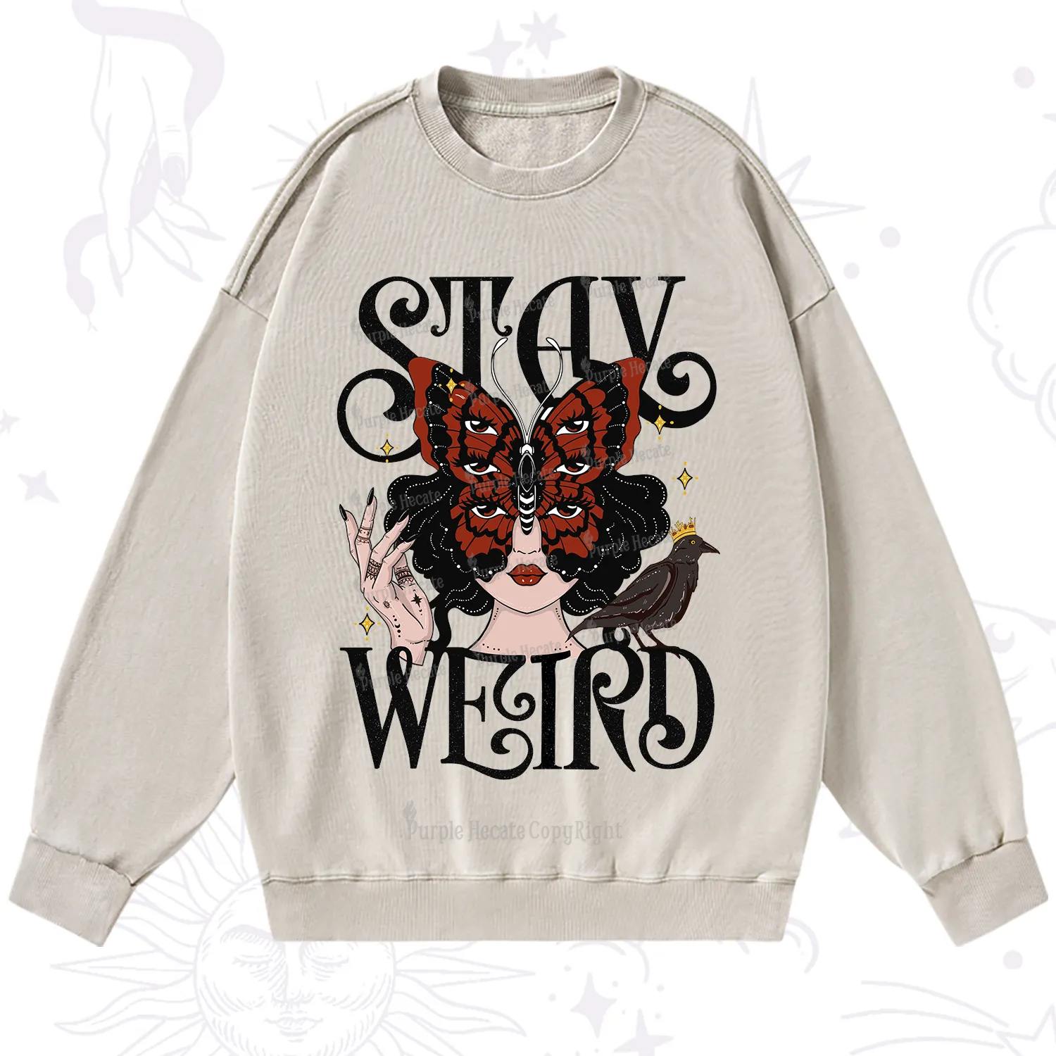 Purplehecate Stay Weird Gothic Butterfly Oracle Washed Sweatshirt