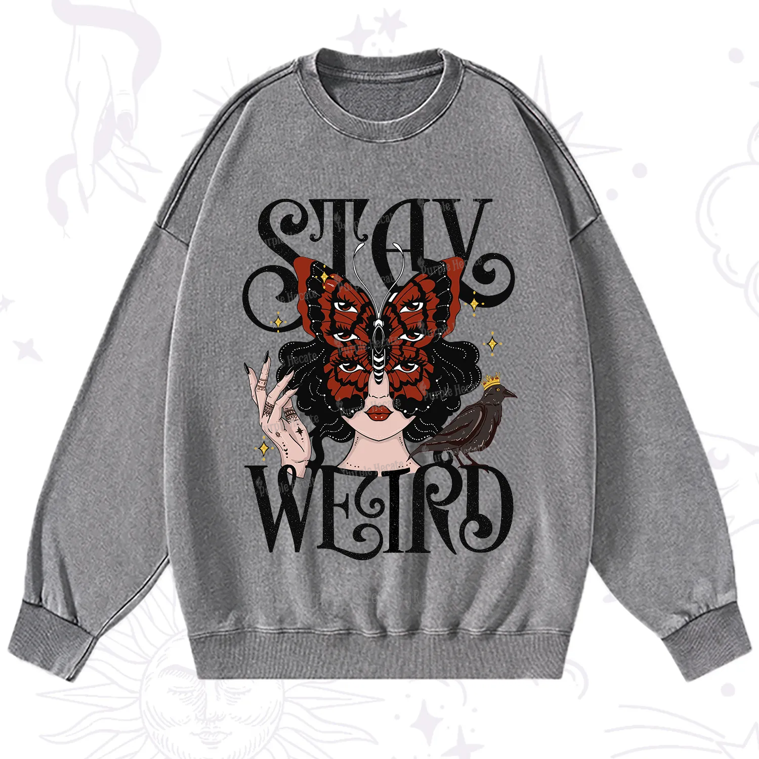 Purplehecate Stay Weird Gothic Butterfly Oracle Washed Sweatshirt