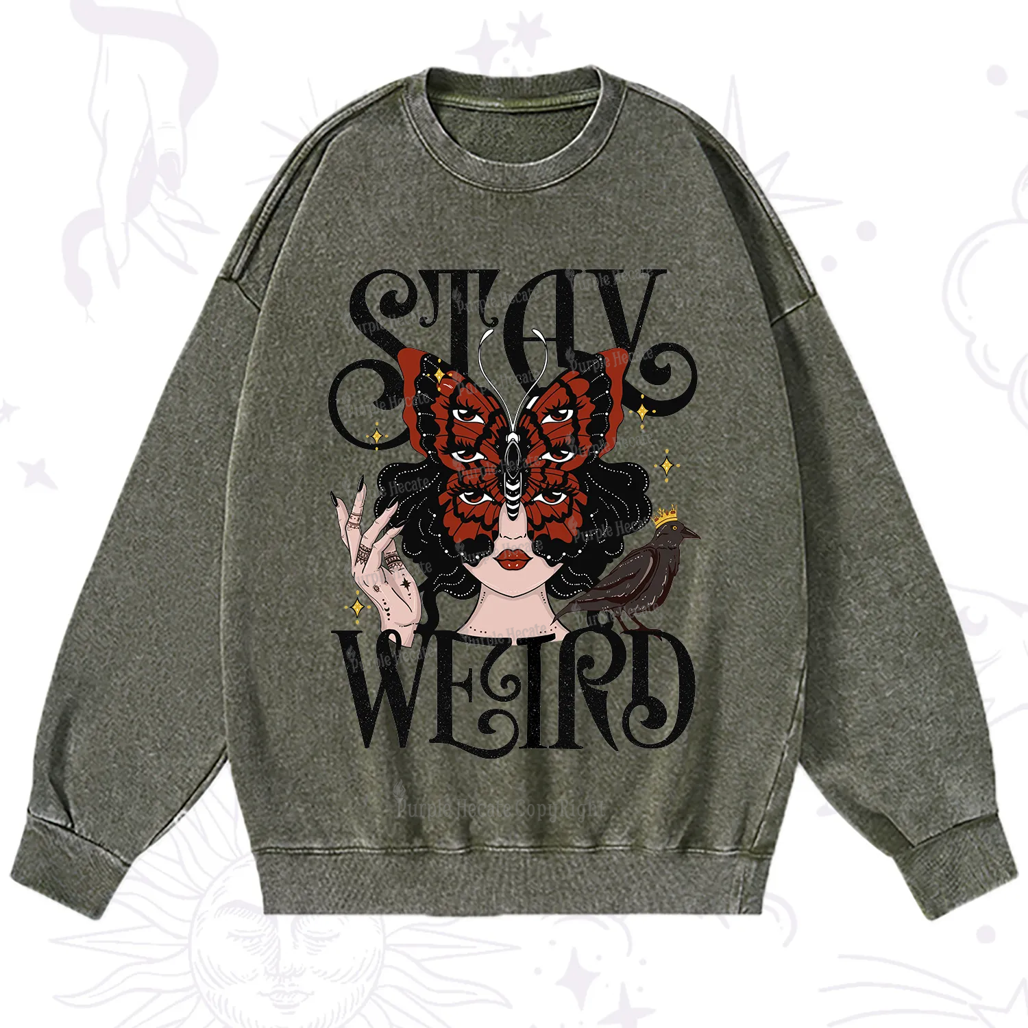 Purplehecate Stay Weird Gothic Butterfly Oracle Washed Sweatshirt