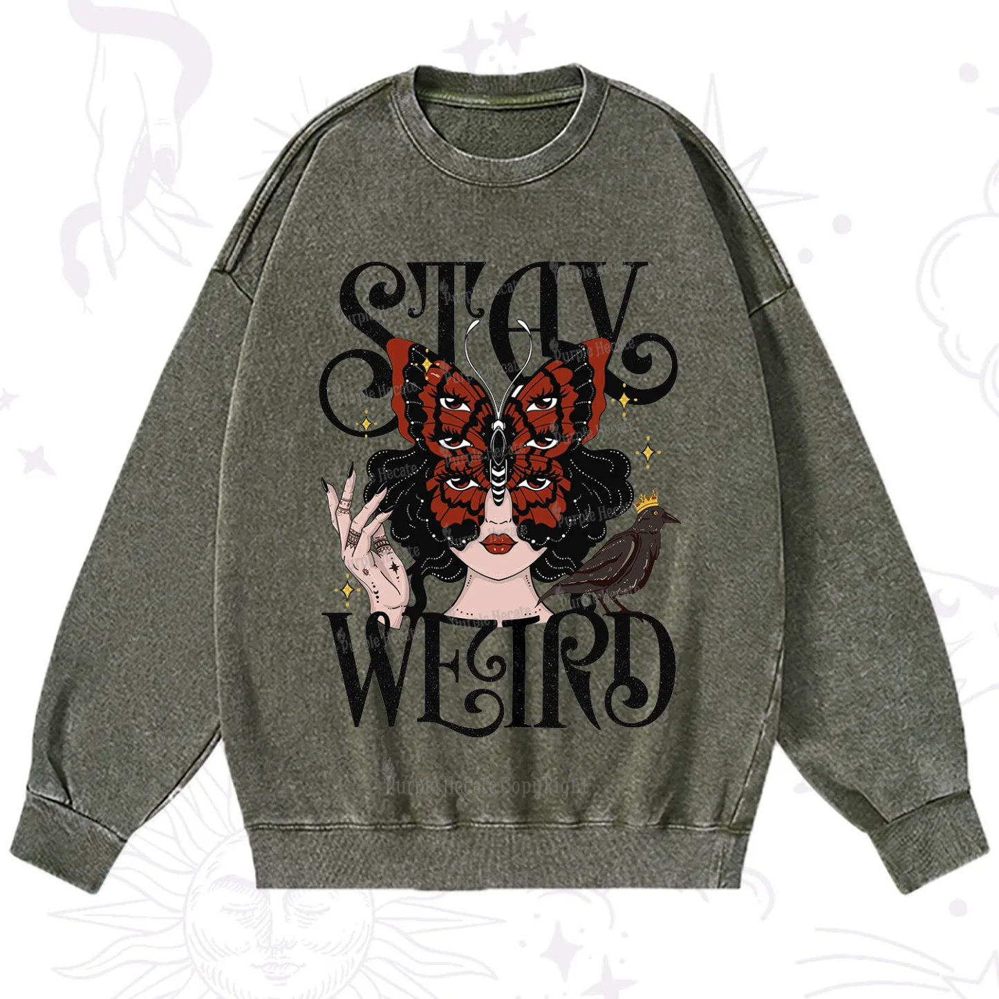 Purplehecate Stay Weird Gothic Butterfly Oracle Washed Sweatshirt