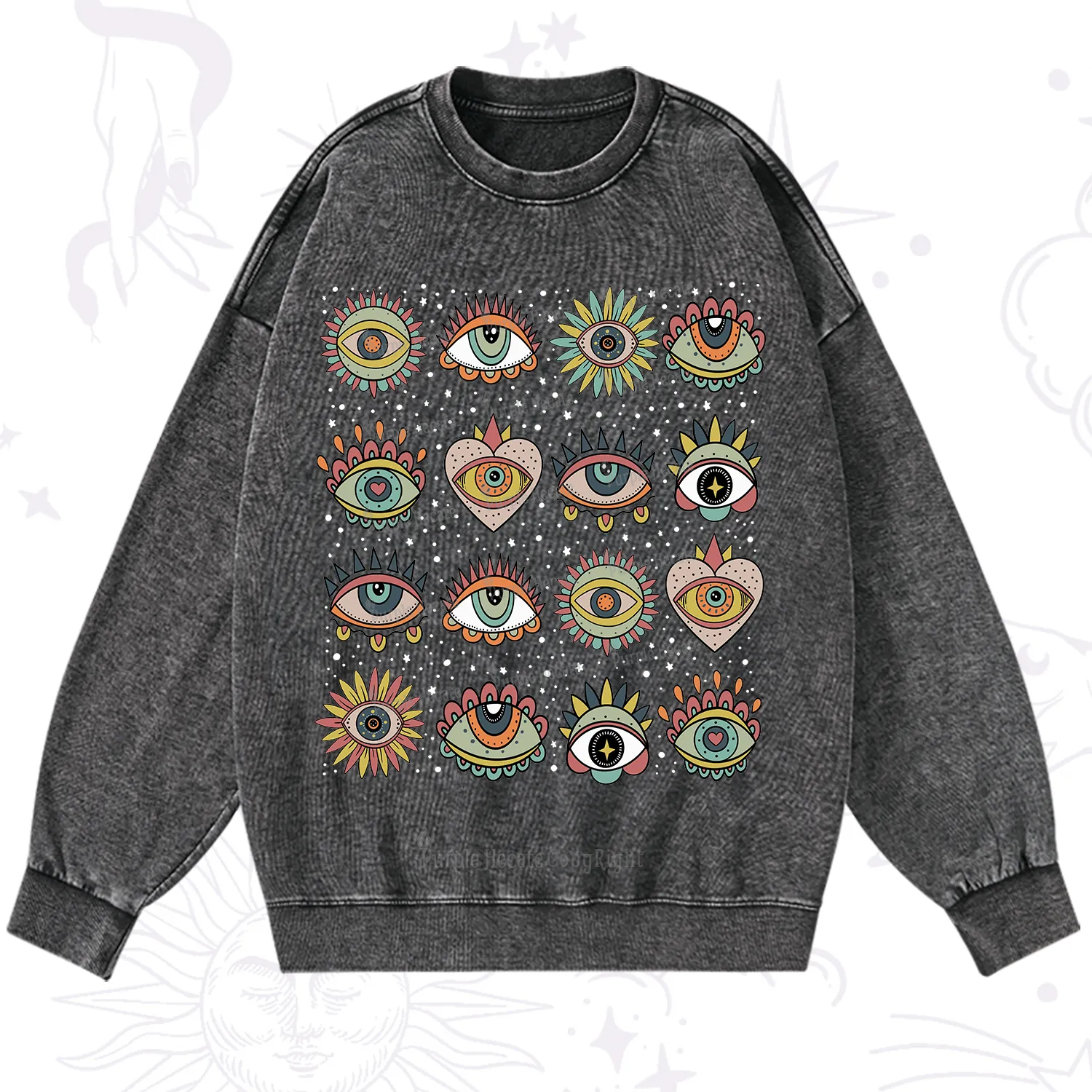 Purplehecate Mystical Evil Eye Pattern Washed Sweatshirt