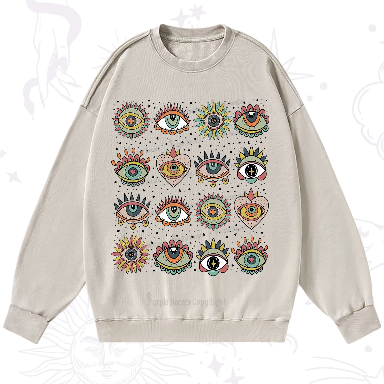 Purplehecate Mystical Evil Eye Pattern Washed Sweatshirt