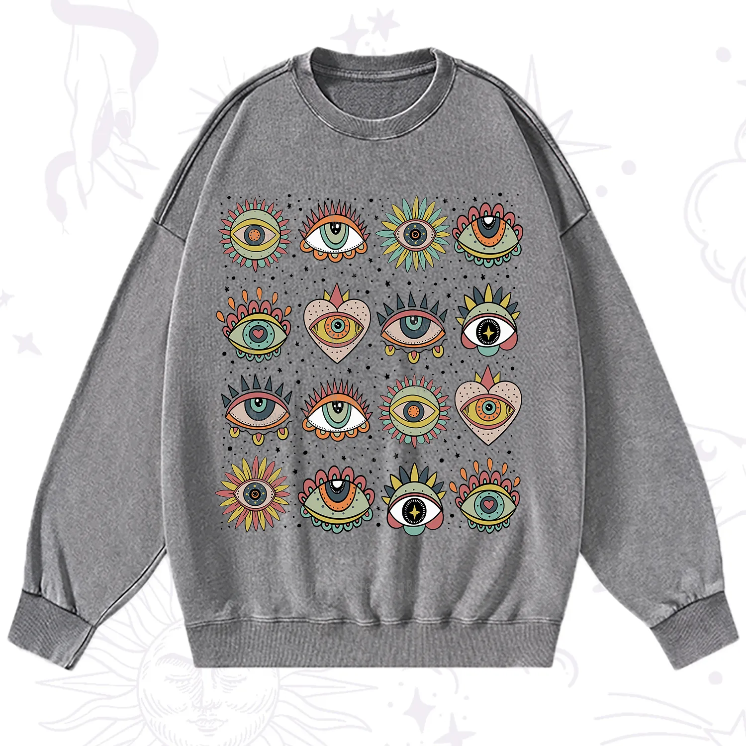 Purplehecate Mystical Evil Eye Pattern Washed Sweatshirt