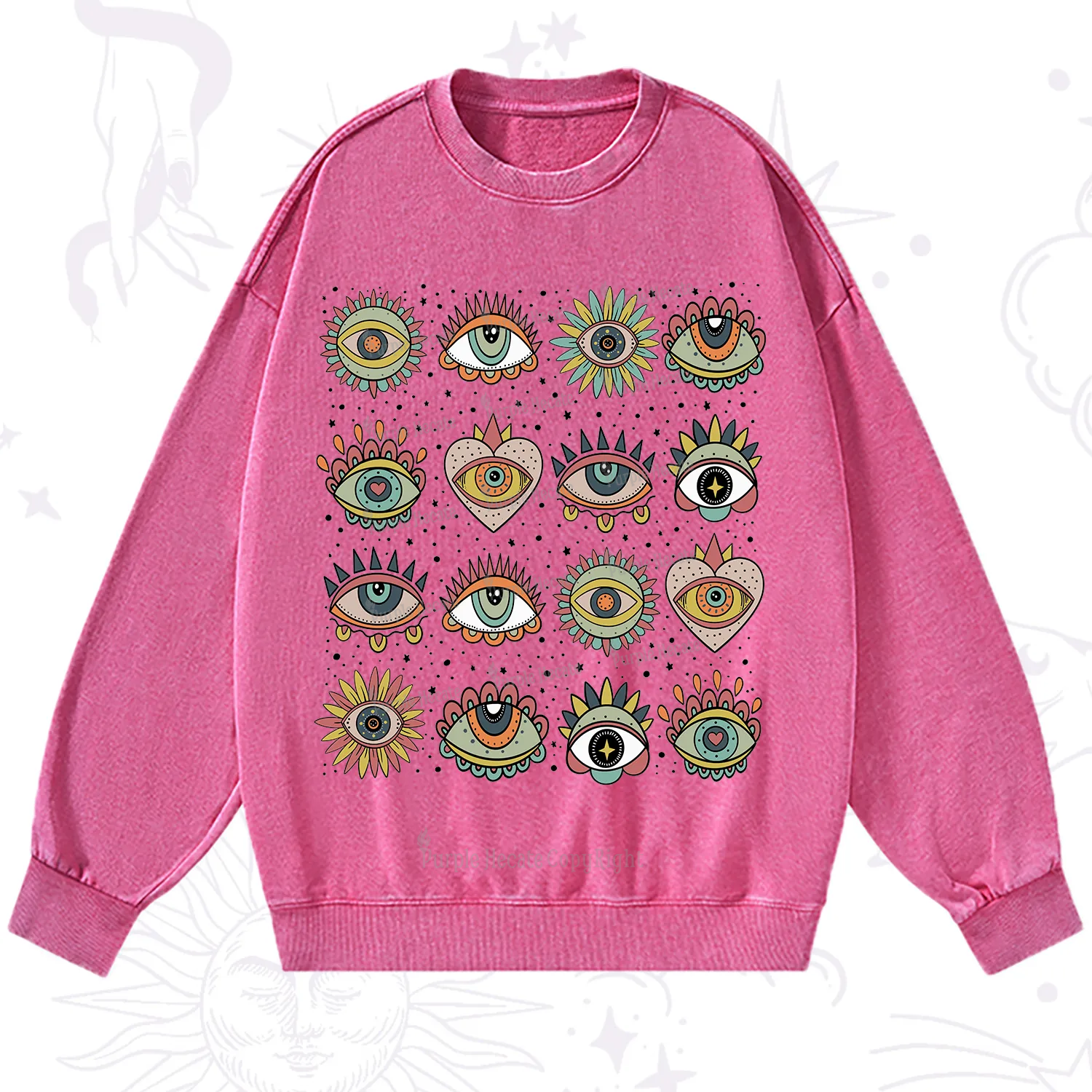 Purplehecate Mystical Evil Eye Pattern Washed Sweatshirt