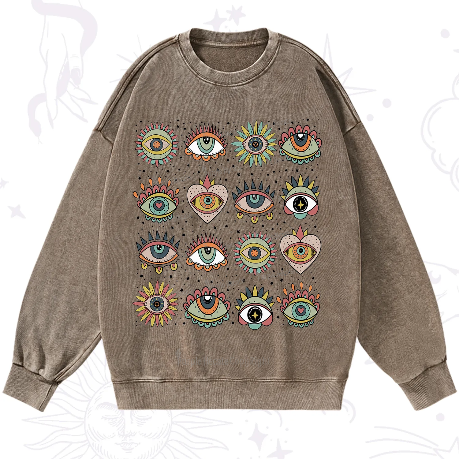 Purplehecate Mystical Evil Eye Pattern Washed Sweatshirt