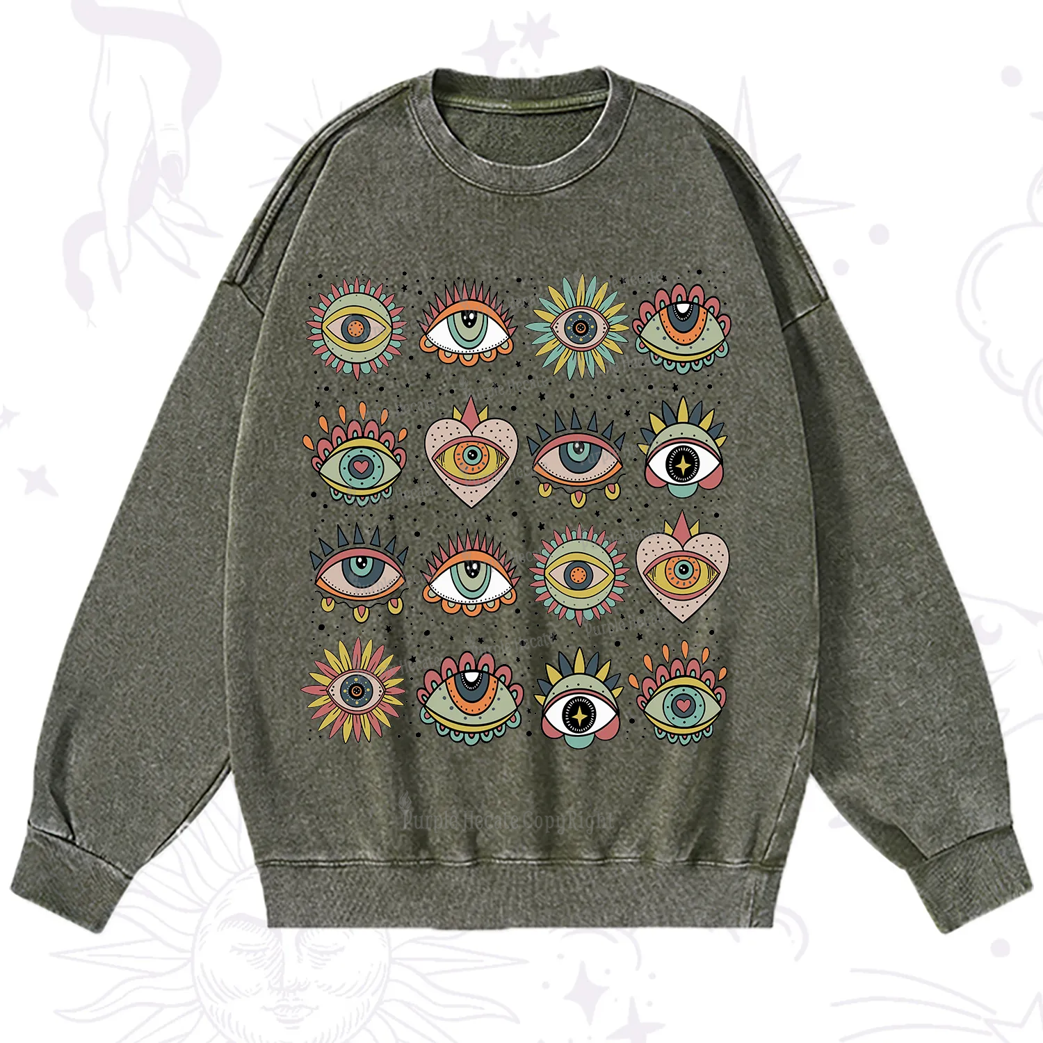 Purplehecate Mystical Evil Eye Pattern Washed Sweatshirt