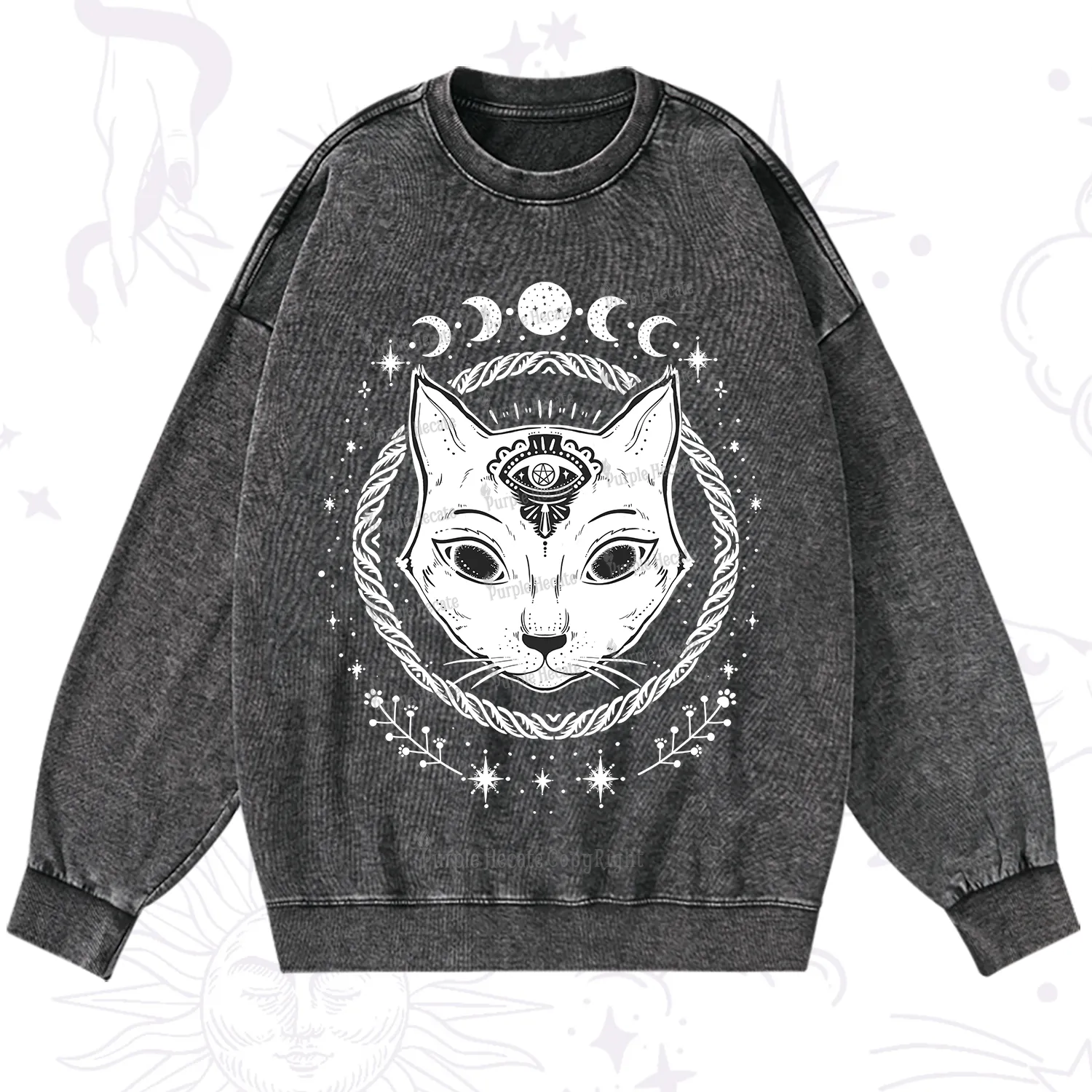 Purplehecate Third Eye Black Cat Washed Sweatshirt