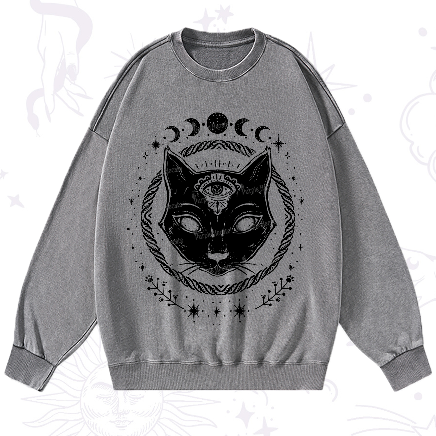 Purplehecate Third Eye Black Cat Washed Sweatshirt