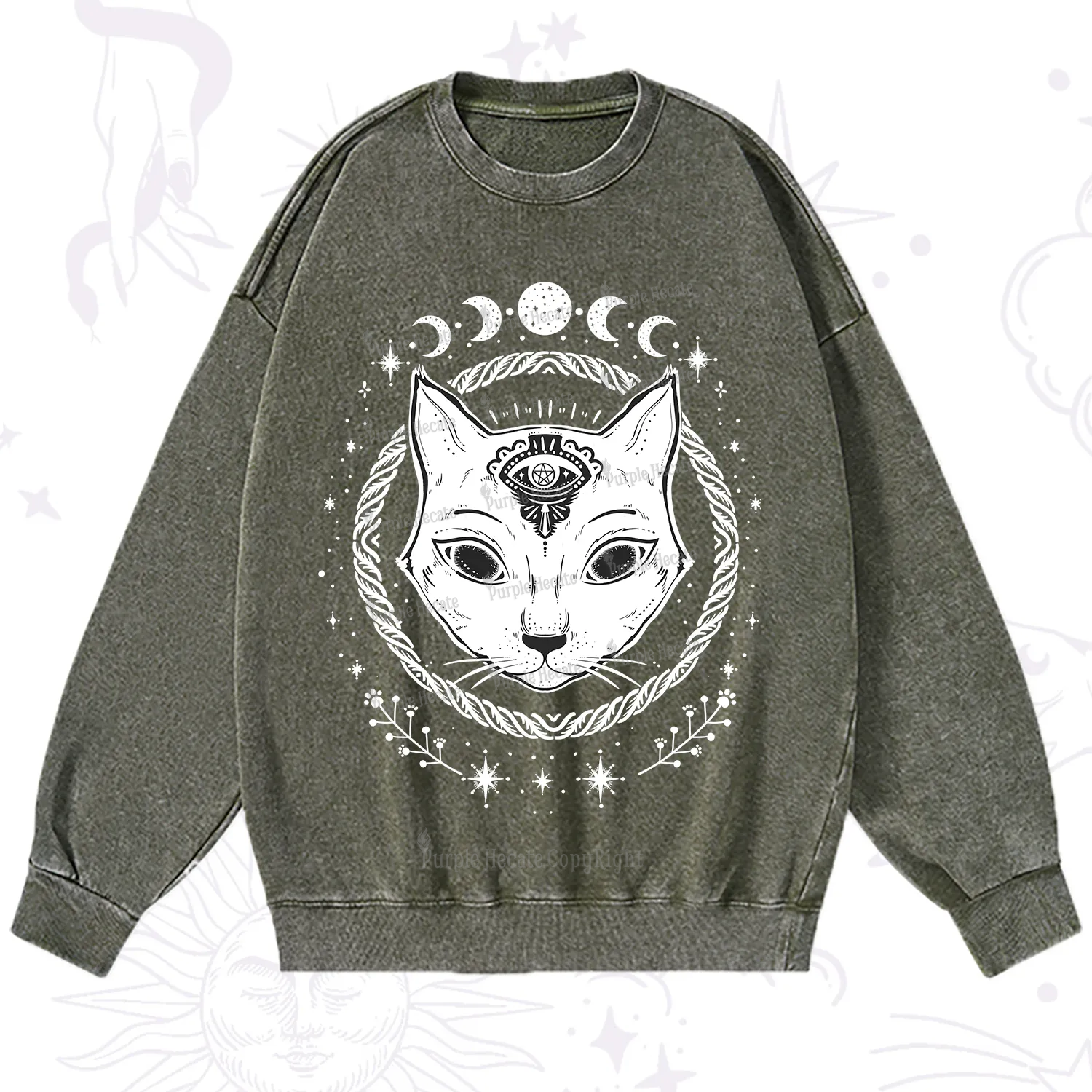 Purplehecate Third Eye Black Cat Washed Sweatshirt