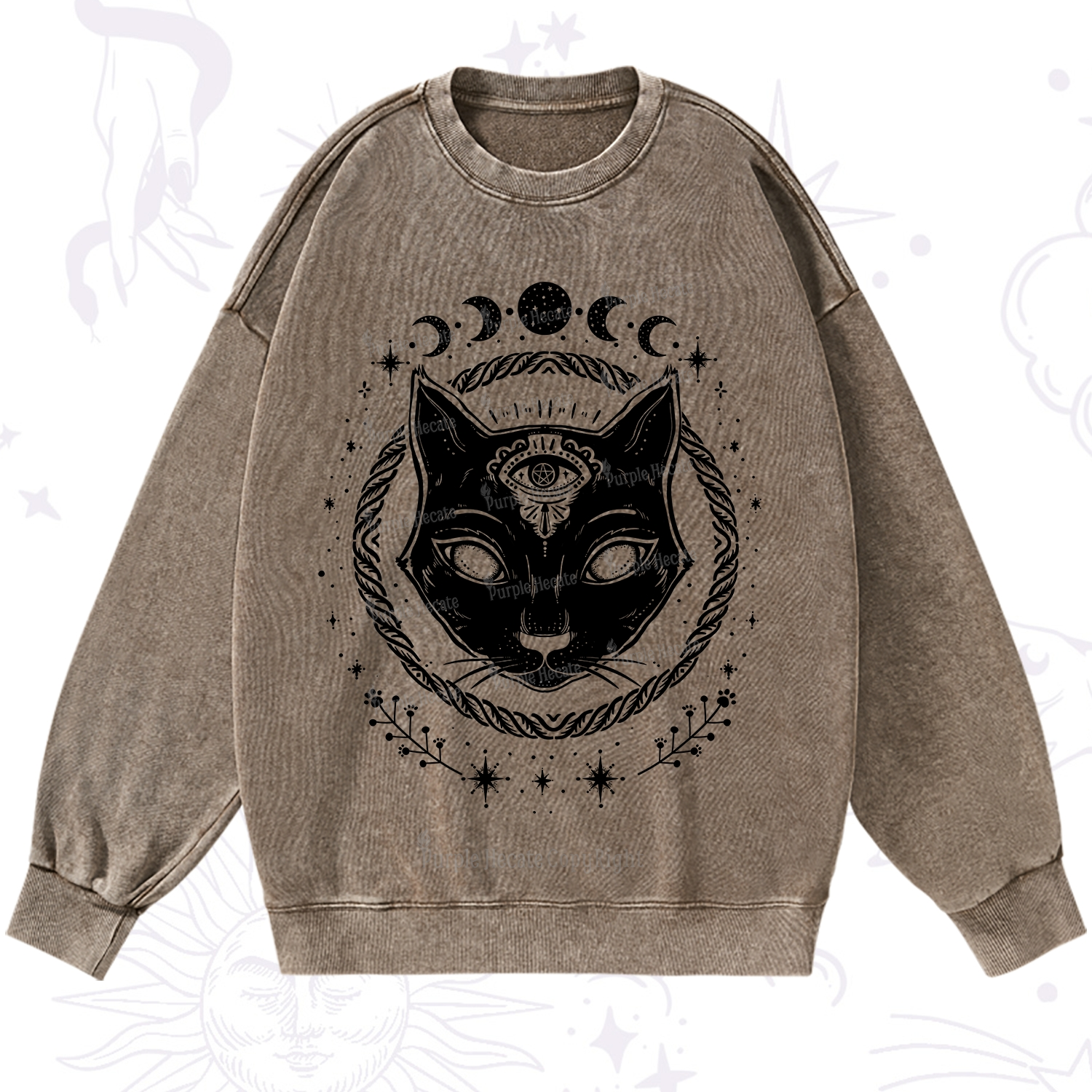 Purplehecate Third Eye Black Cat Washed Sweatshirt