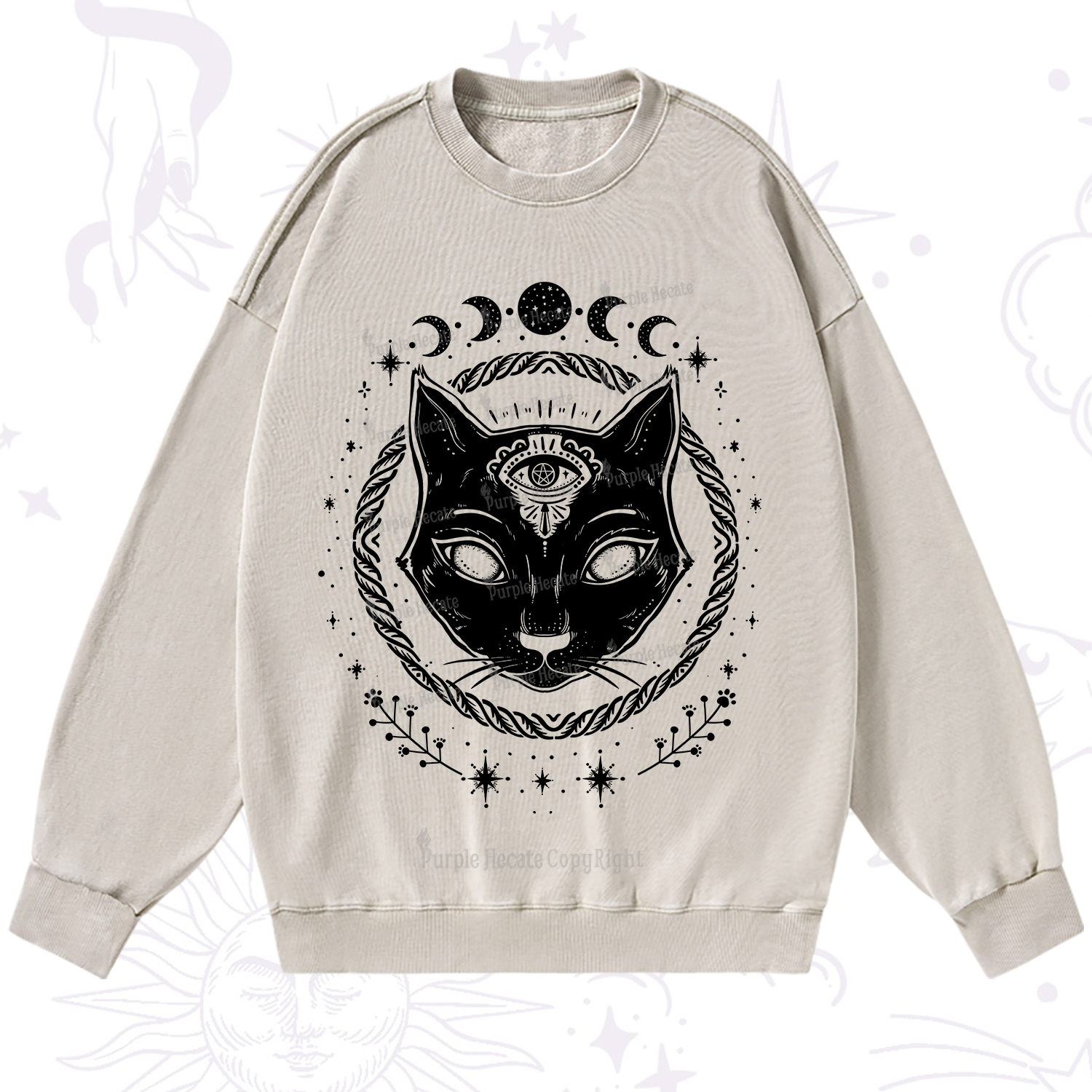 Purplehecate Third Eye Black Cat Washed Sweatshirt