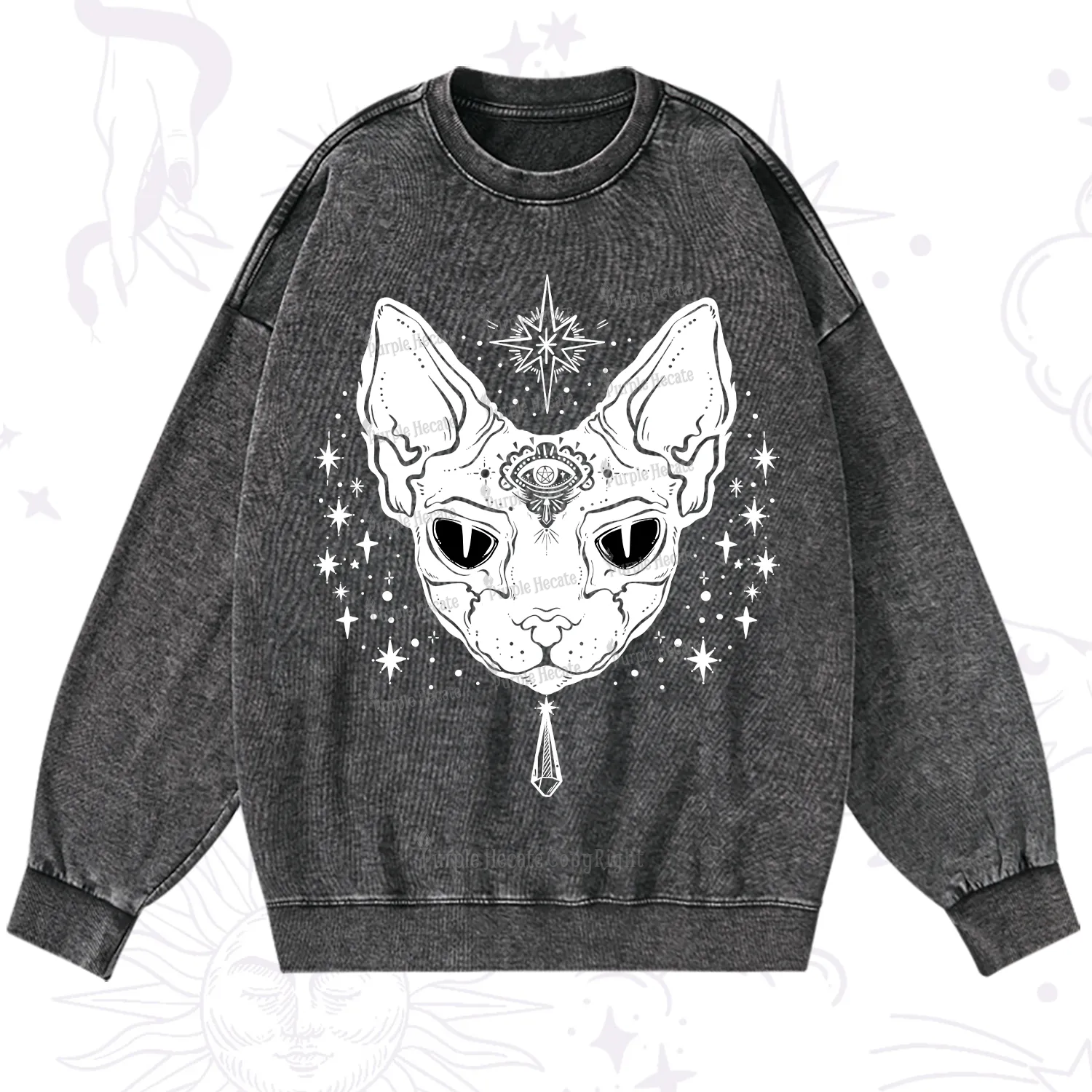 Purplehecate Three Eyed Sphynx Cat Washed Sweatshirt