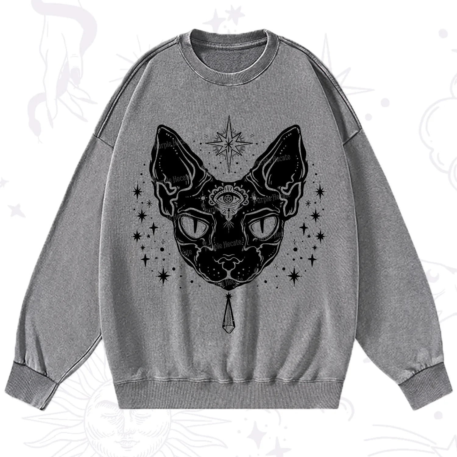 Purplehecate Three Eyed Sphynx Cat Washed Sweatshirt