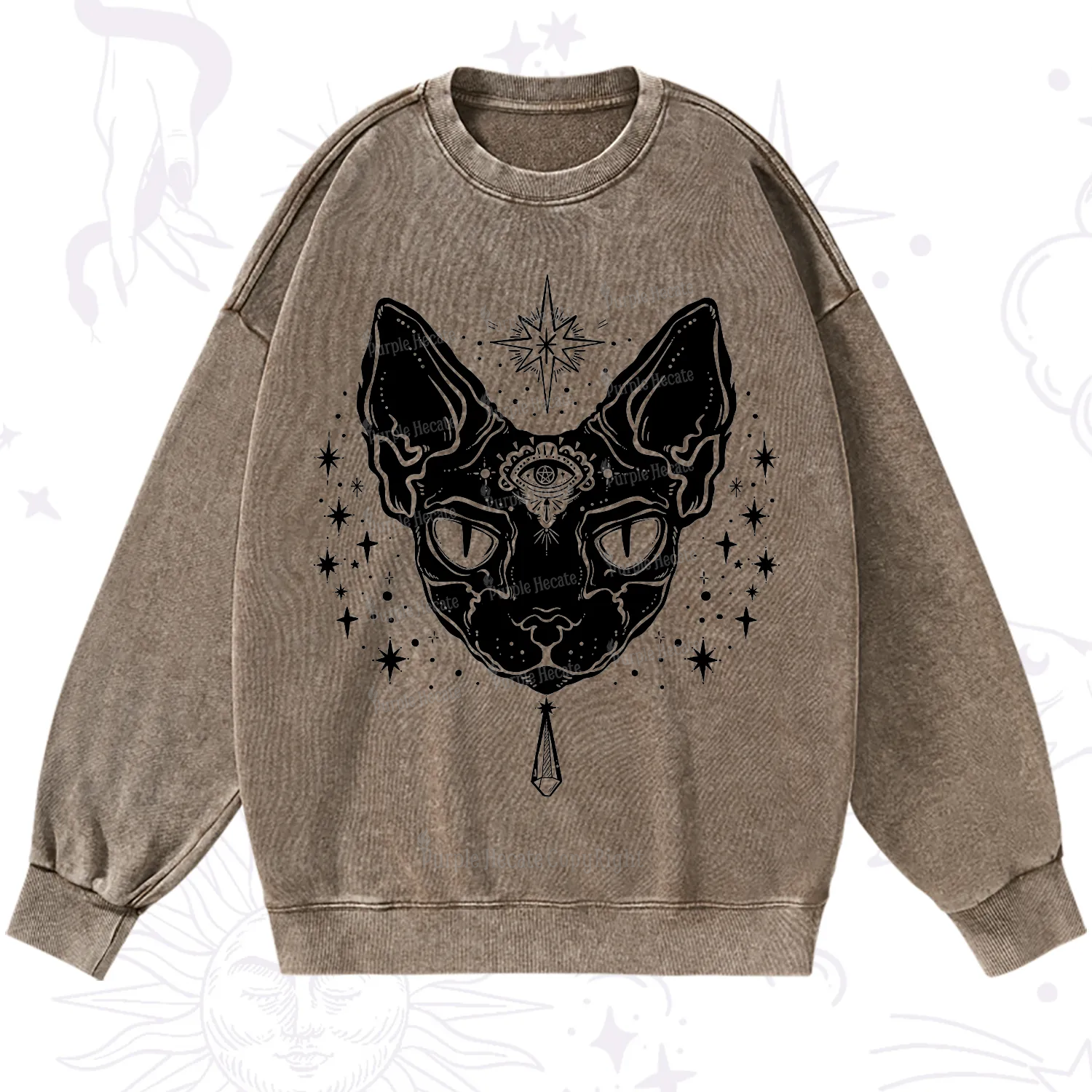 Purplehecate Three Eyed Sphynx Cat Washed Sweatshirt