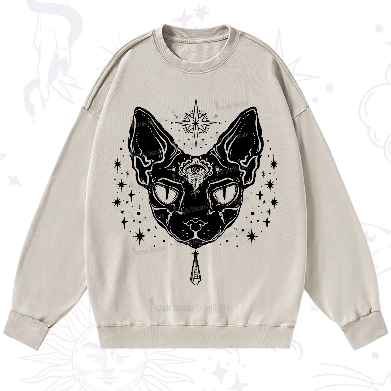 Purplehecate Three Eyed Sphynx Cat Washed Sweatshirt