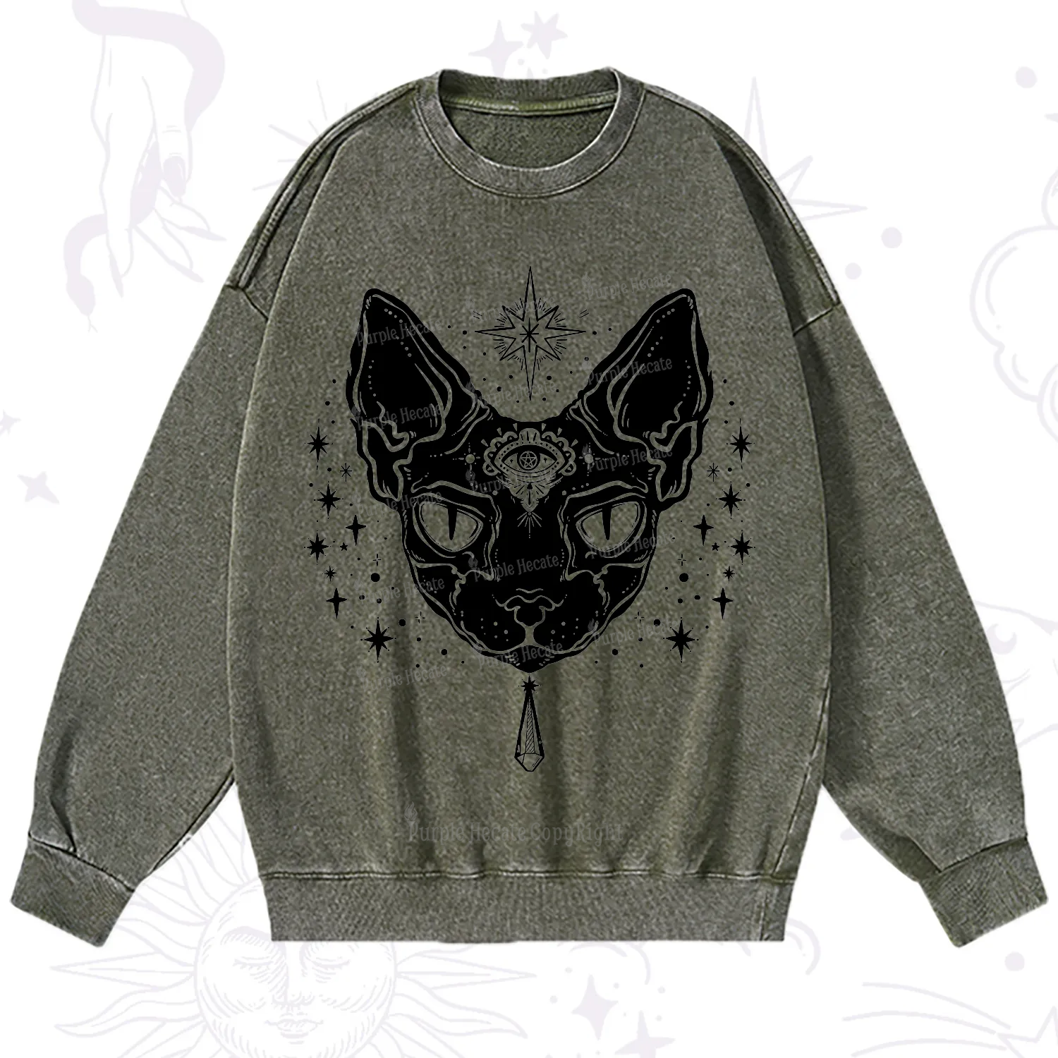Purplehecate Three Eyed Sphynx Cat Washed Sweatshirt