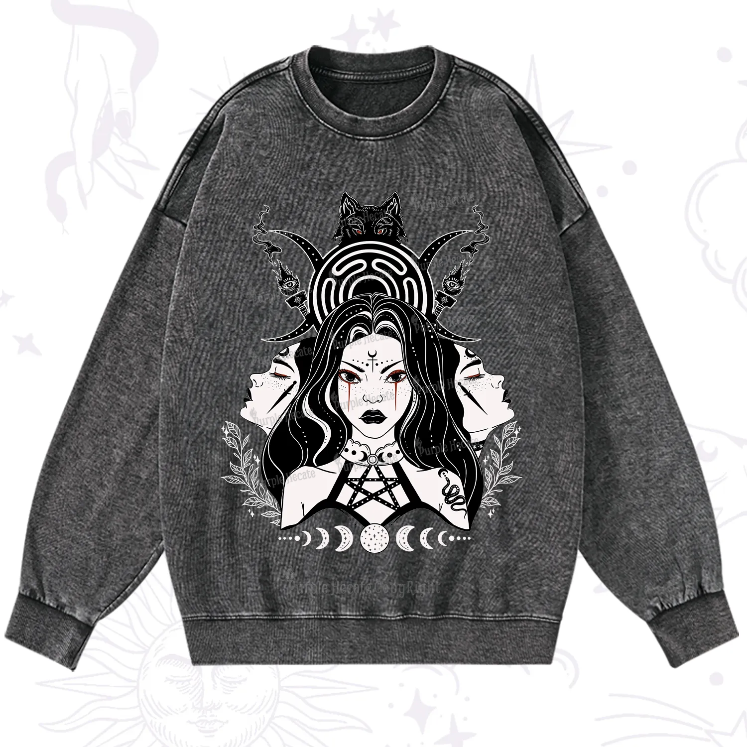Purplehecate The Triple Moon Goddess Hecate Washed Sweatshirt