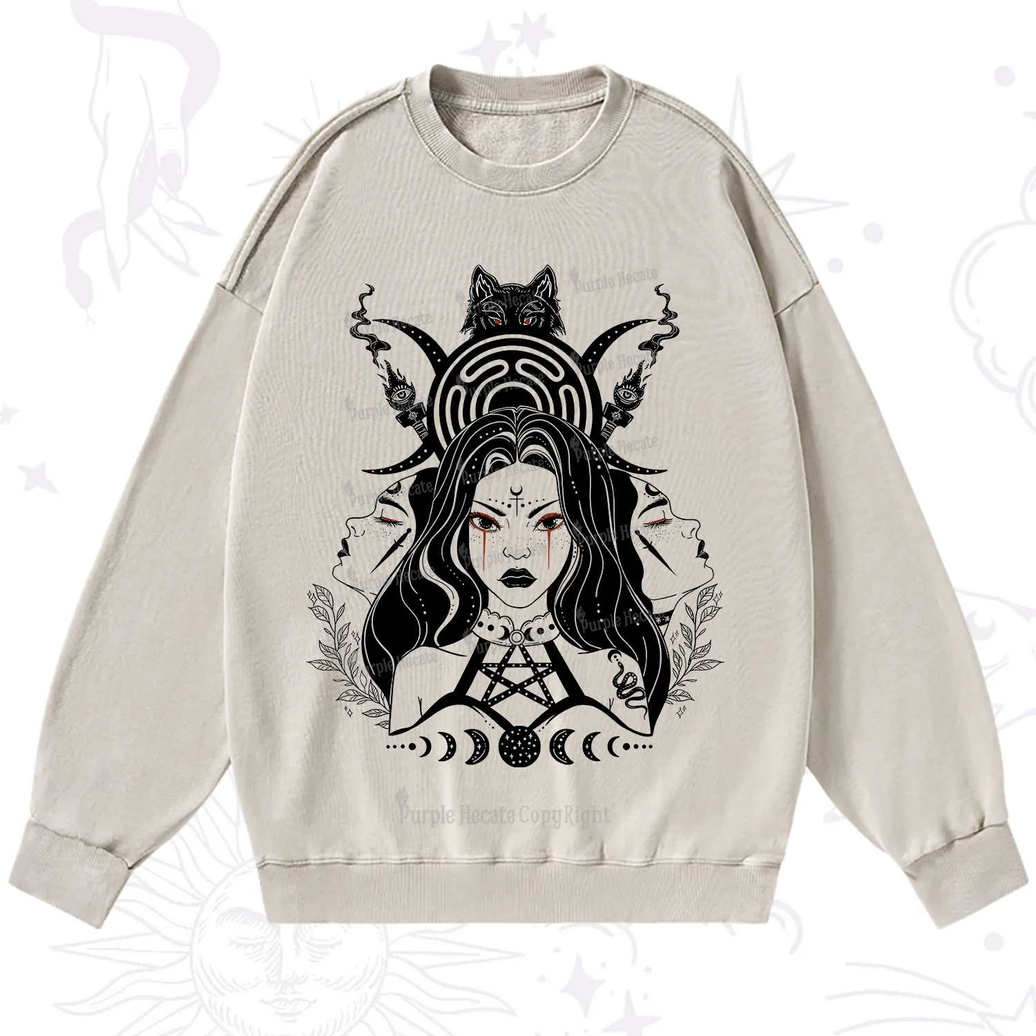 Purplehecate The Triple Moon Goddess Hecate Washed Sweatshirt