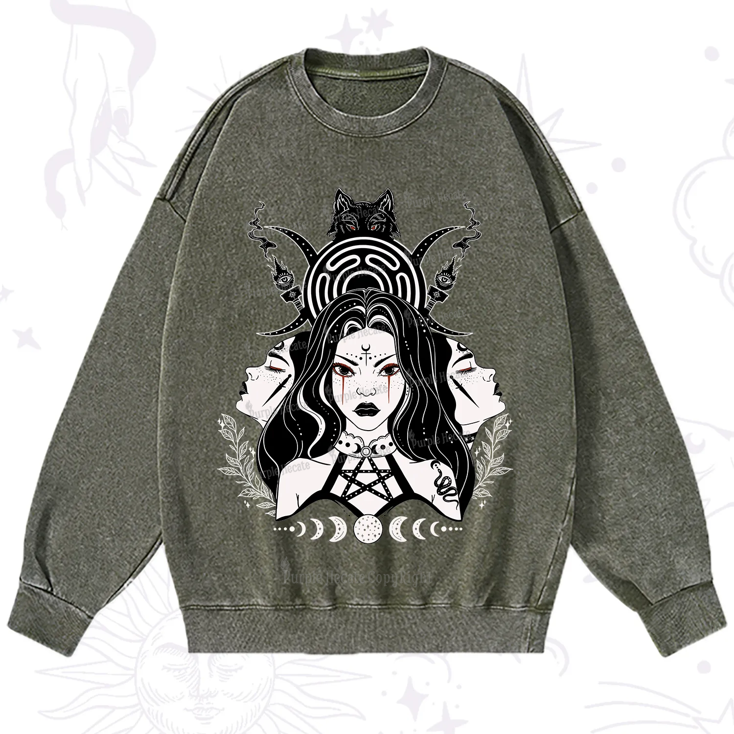 Purplehecate The Triple Moon Goddess Hecate Washed Sweatshirt