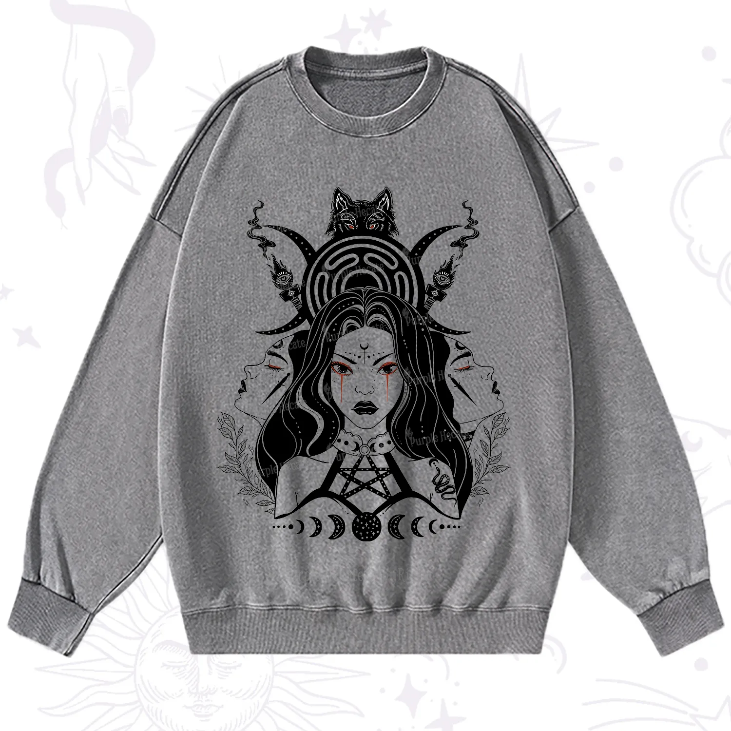 Purplehecate The Triple Moon Goddess Hecate Washed Sweatshirt