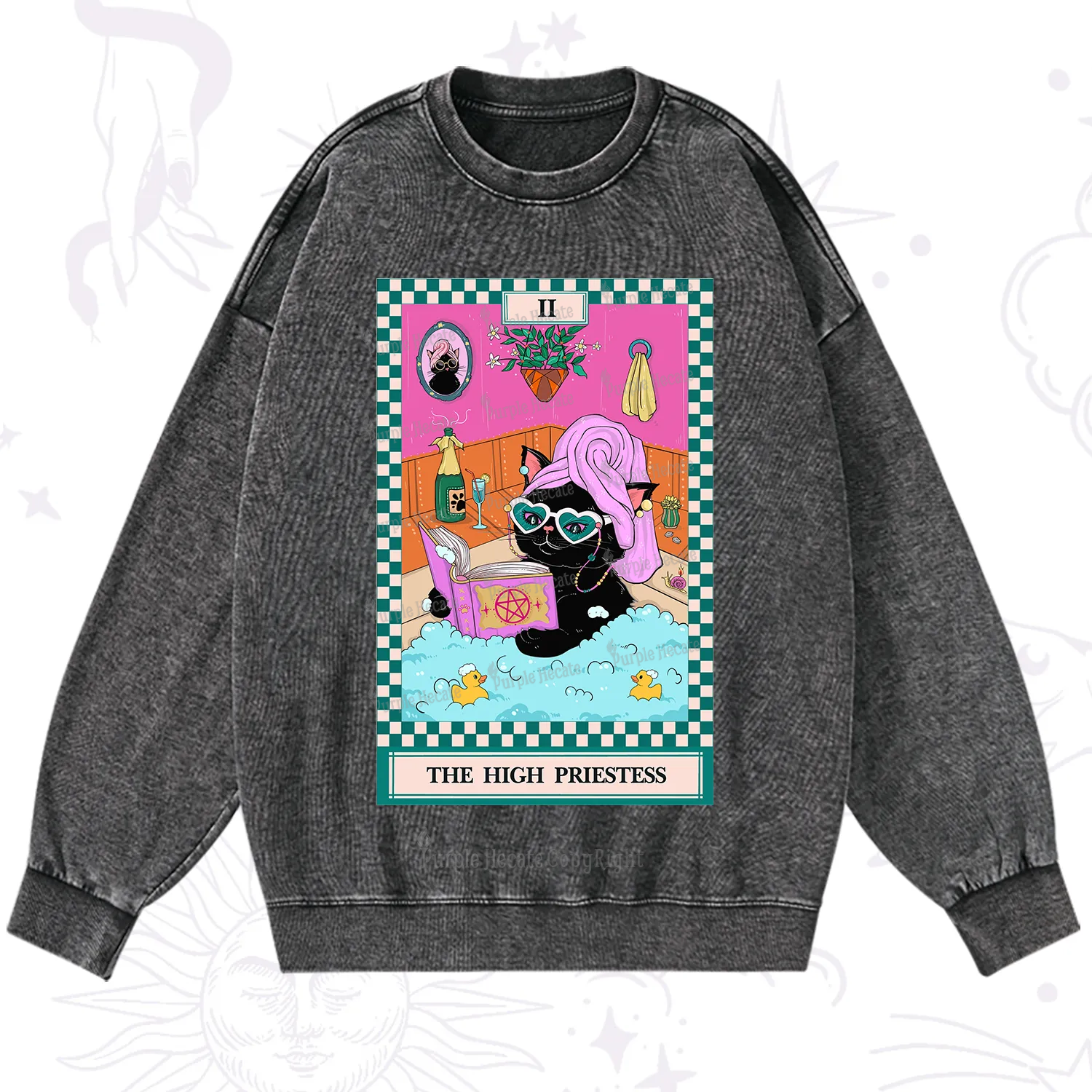 Purplehecate The Cat High Priestess's Bubble Time Tarot Washed Sweatshirt