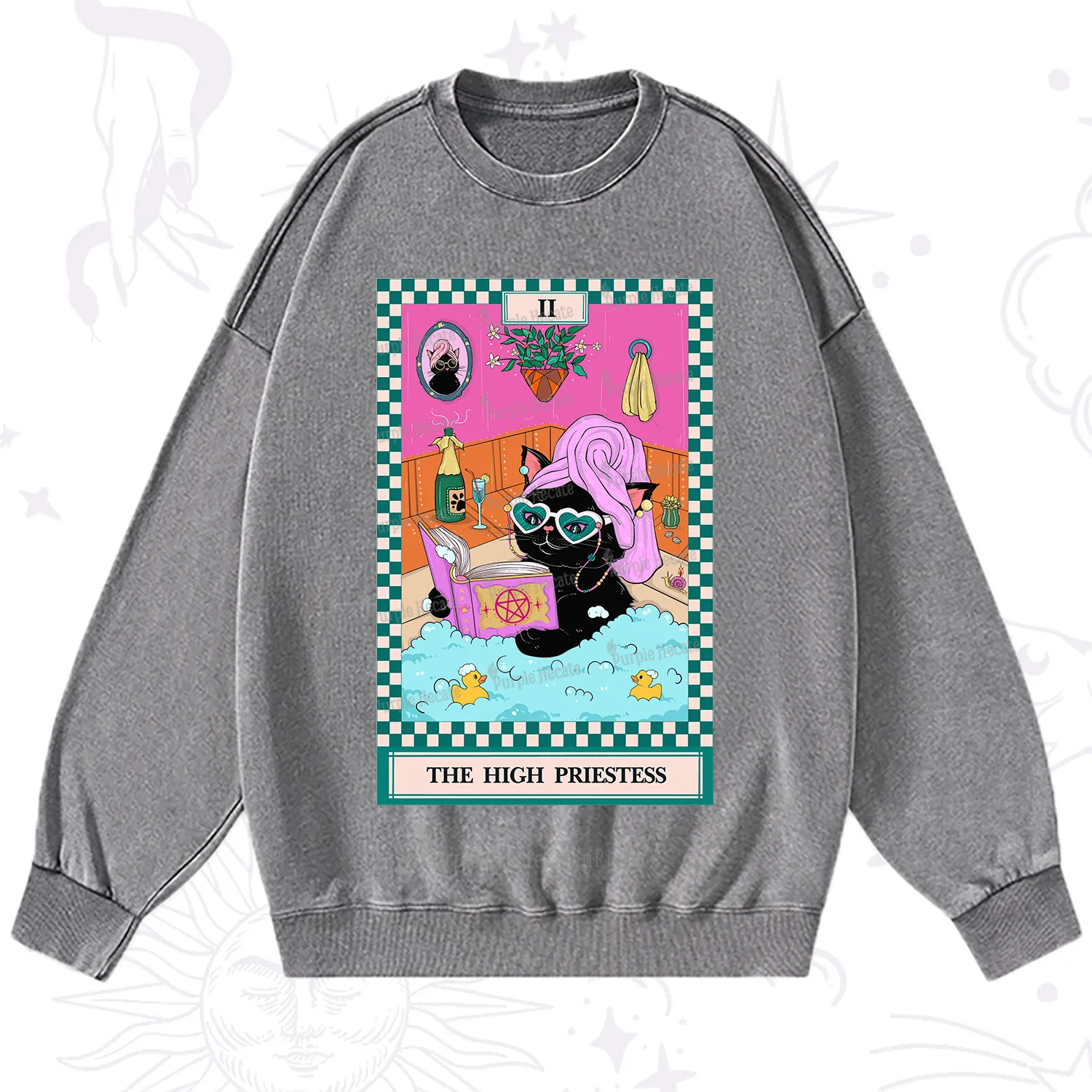 Purplehecate The Cat High Priestess's Bubble Time Tarot Washed Sweatshirt
