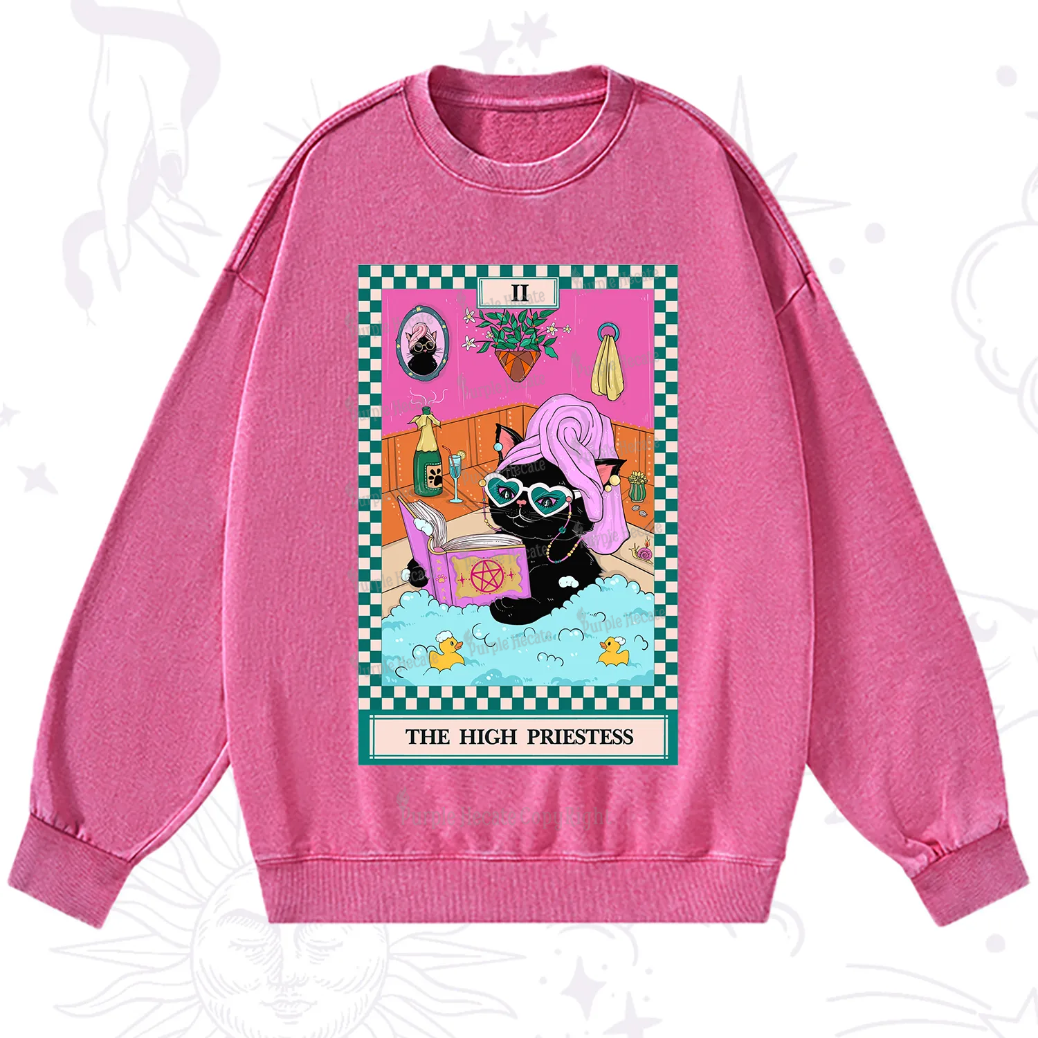 Purplehecate The Cat High Priestess's Bubble Time Tarot Washed Sweatshirt
