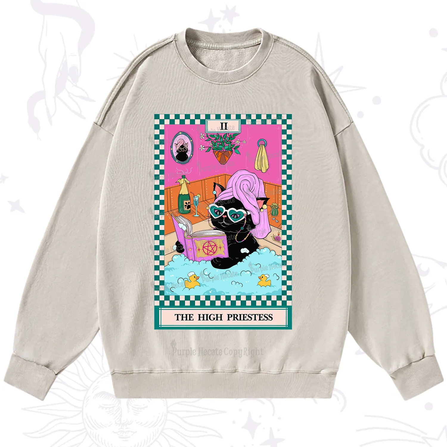 Purplehecate The Cat High Priestess's Bubble Time Tarot Washed Sweatshirt