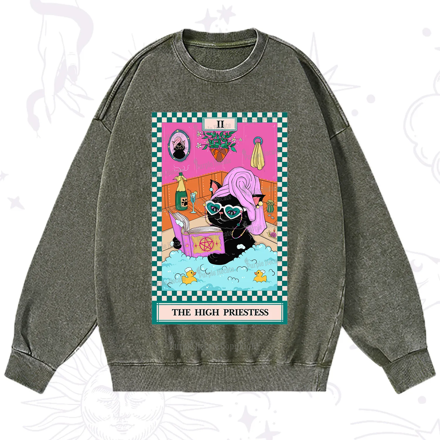 Purplehecate The Cat High Priestess's Bubble Time Tarot Washed Sweatshirt