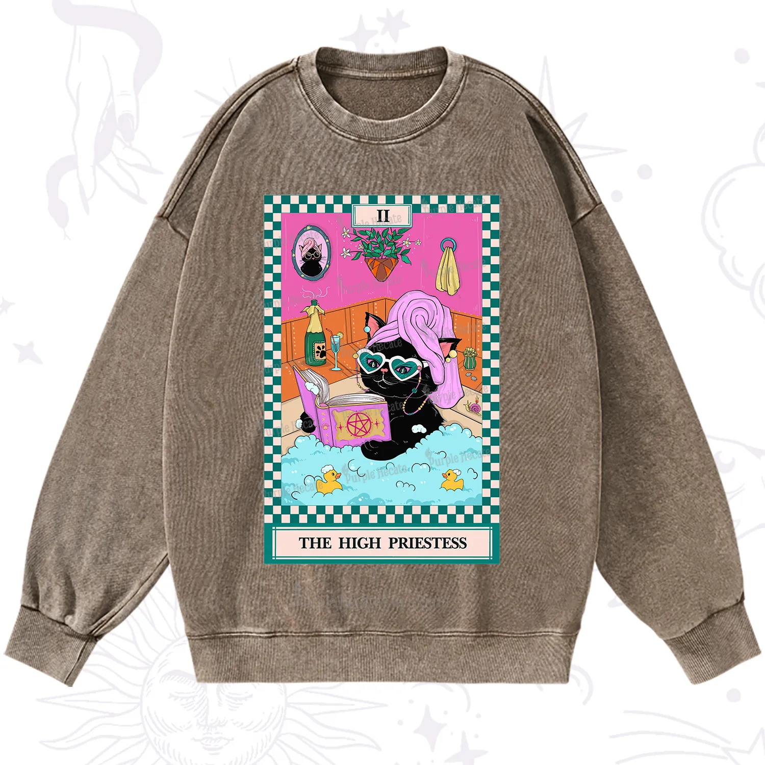 Purplehecate The Cat High Priestess's Bubble Time Tarot Washed Sweatshirt