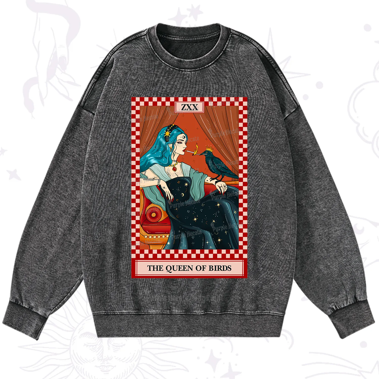 Purplehecate The Queen Of Birds Tarot  Washed Sweatshirt