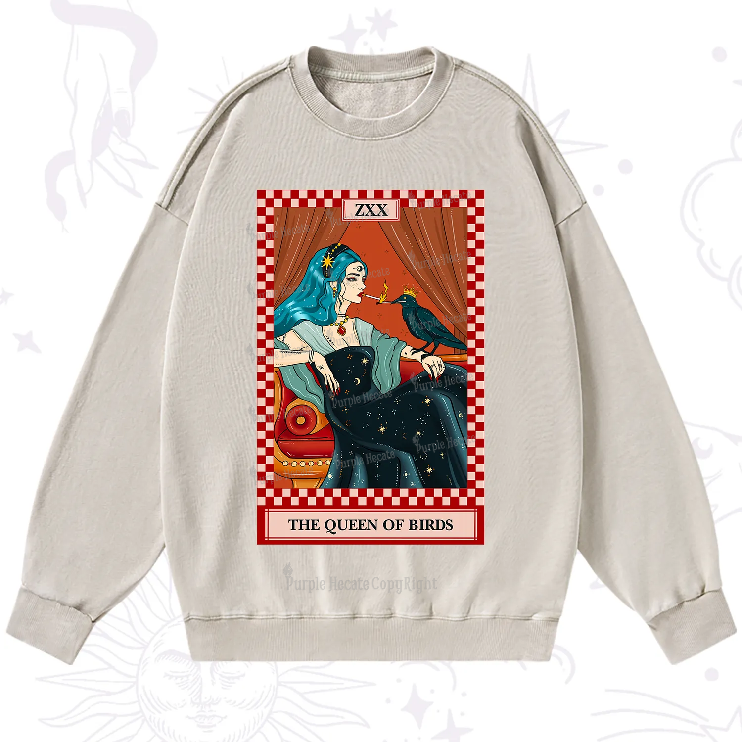 Purplehecate The Queen Of Birds Tarot  Washed Sweatshirt