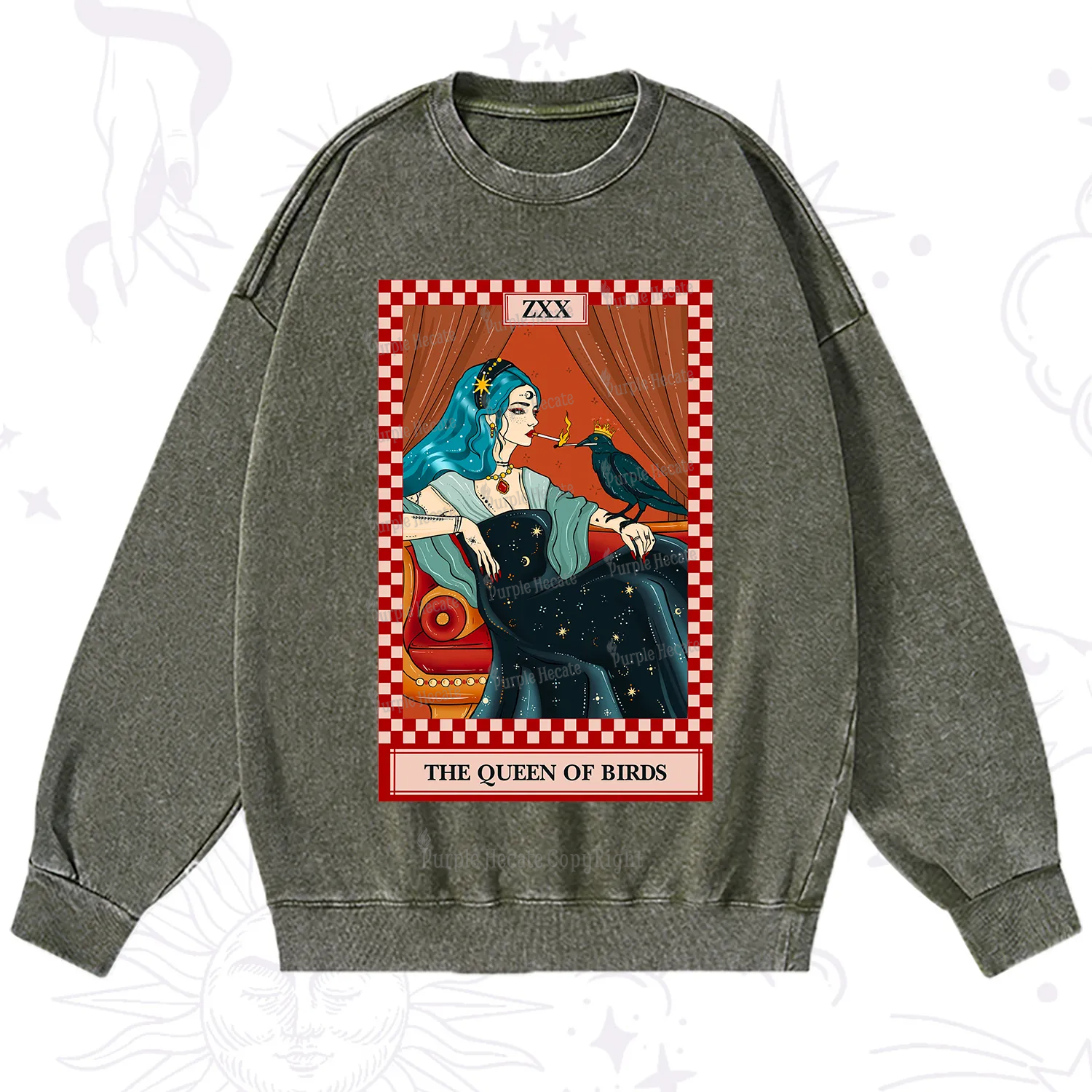 Purplehecate The Queen Of Birds Tarot  Washed Sweatshirt