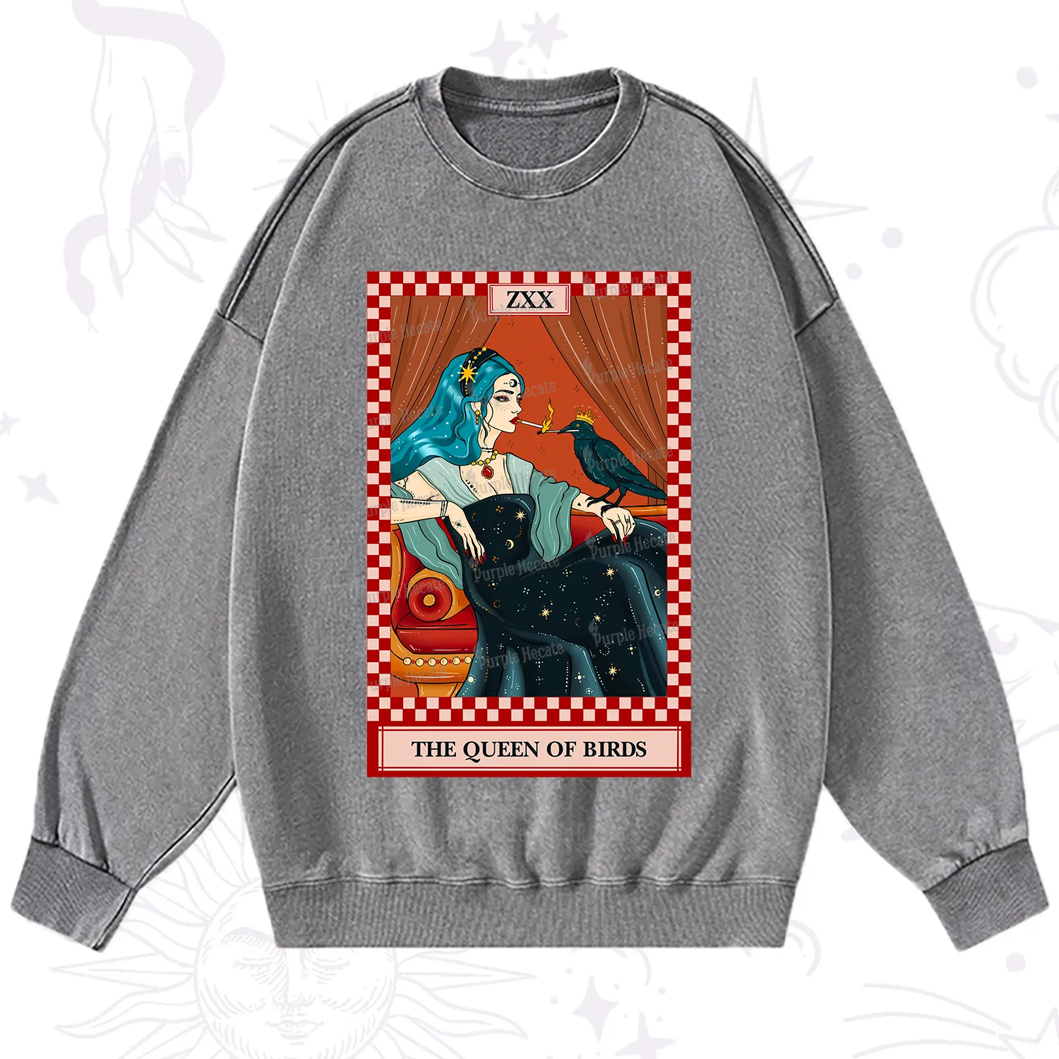 Purplehecate The Queen Of Birds Tarot  Washed Sweatshirt