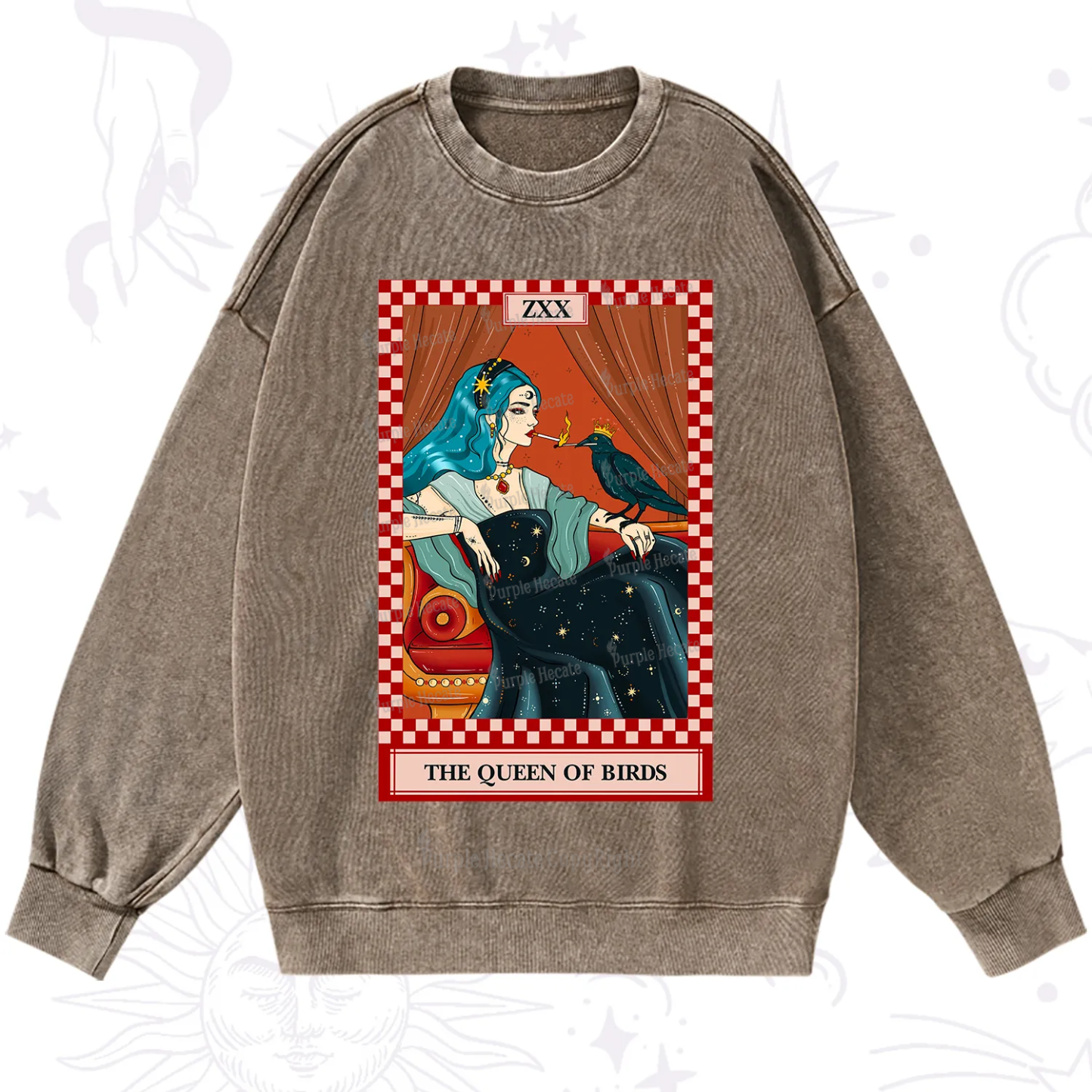 Purplehecate The Queen Of Birds Tarot  Washed Sweatshirt