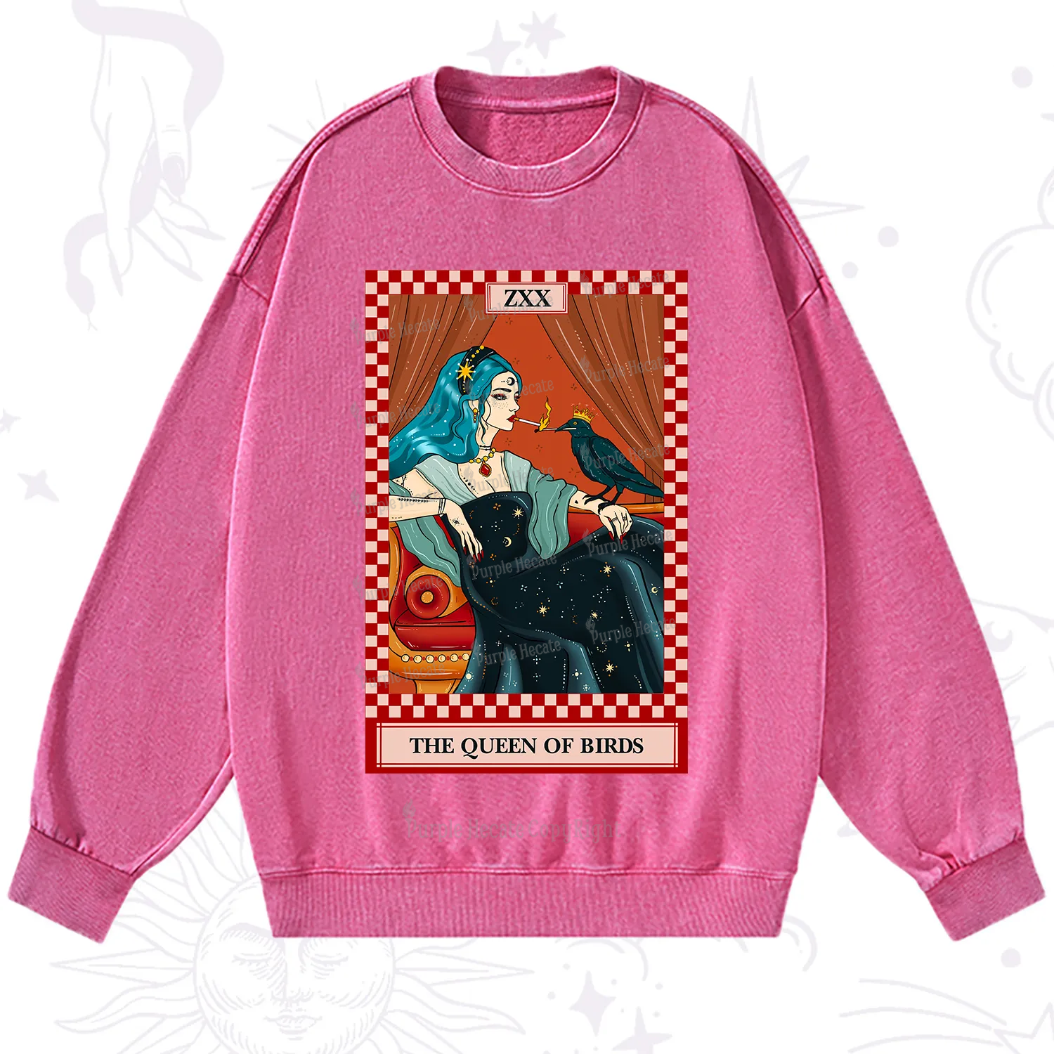 Purplehecate The Queen Of Birds Tarot  Washed Sweatshirt