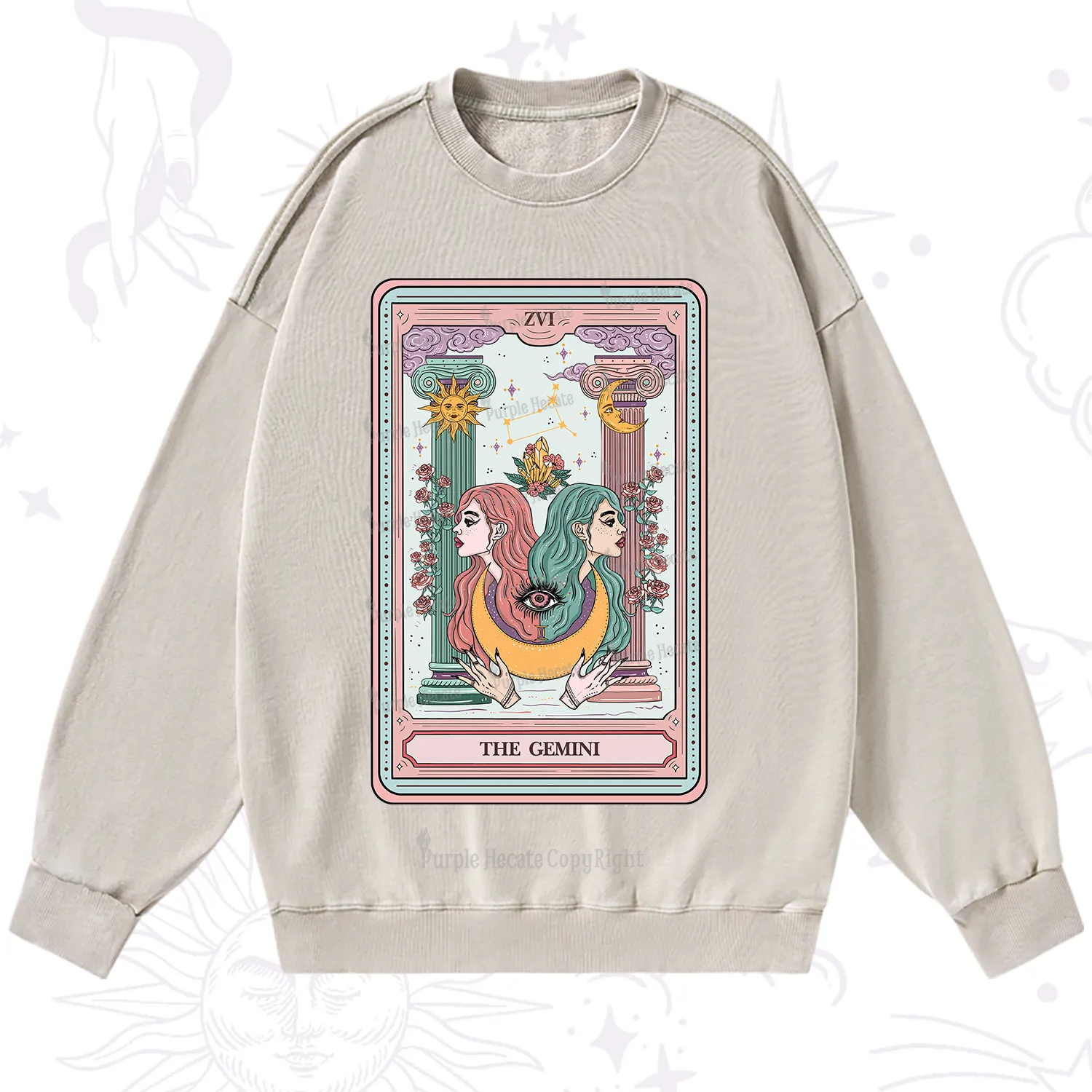 Purplehecate The Gemini Goddess Tarot Washed Sweatshirt