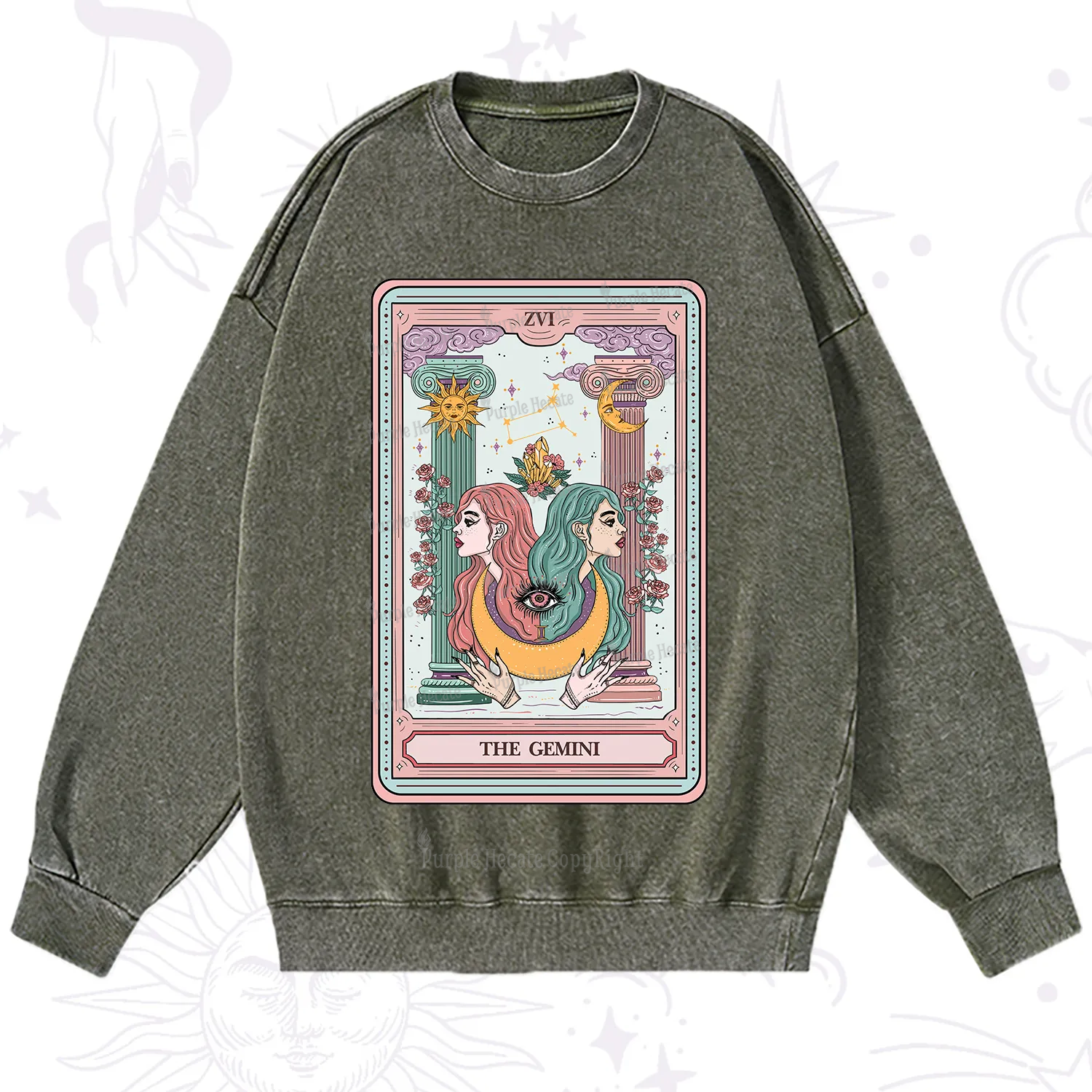 Purplehecate The Gemini Goddess Tarot Washed Sweatshirt