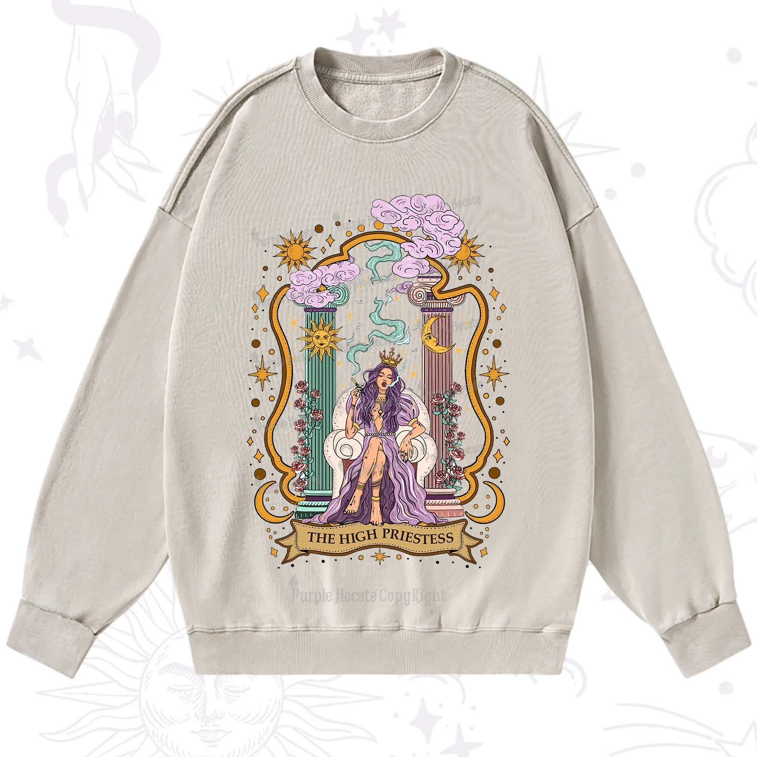 Purplehecate The High Priestess Goddess Washed Sweatshirt