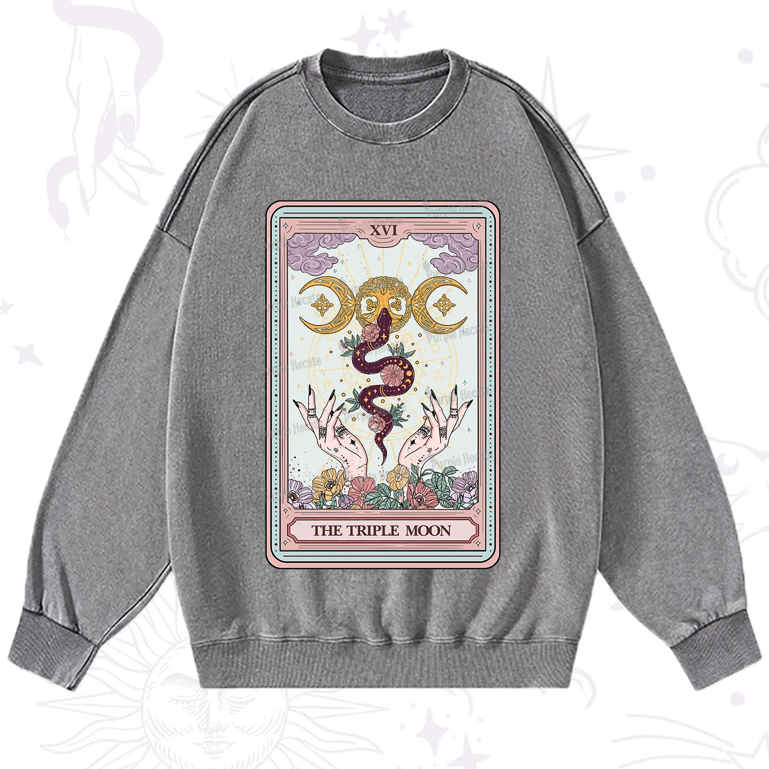 Purplehecate The Triple Moon Tarot Washed Sweatshirt